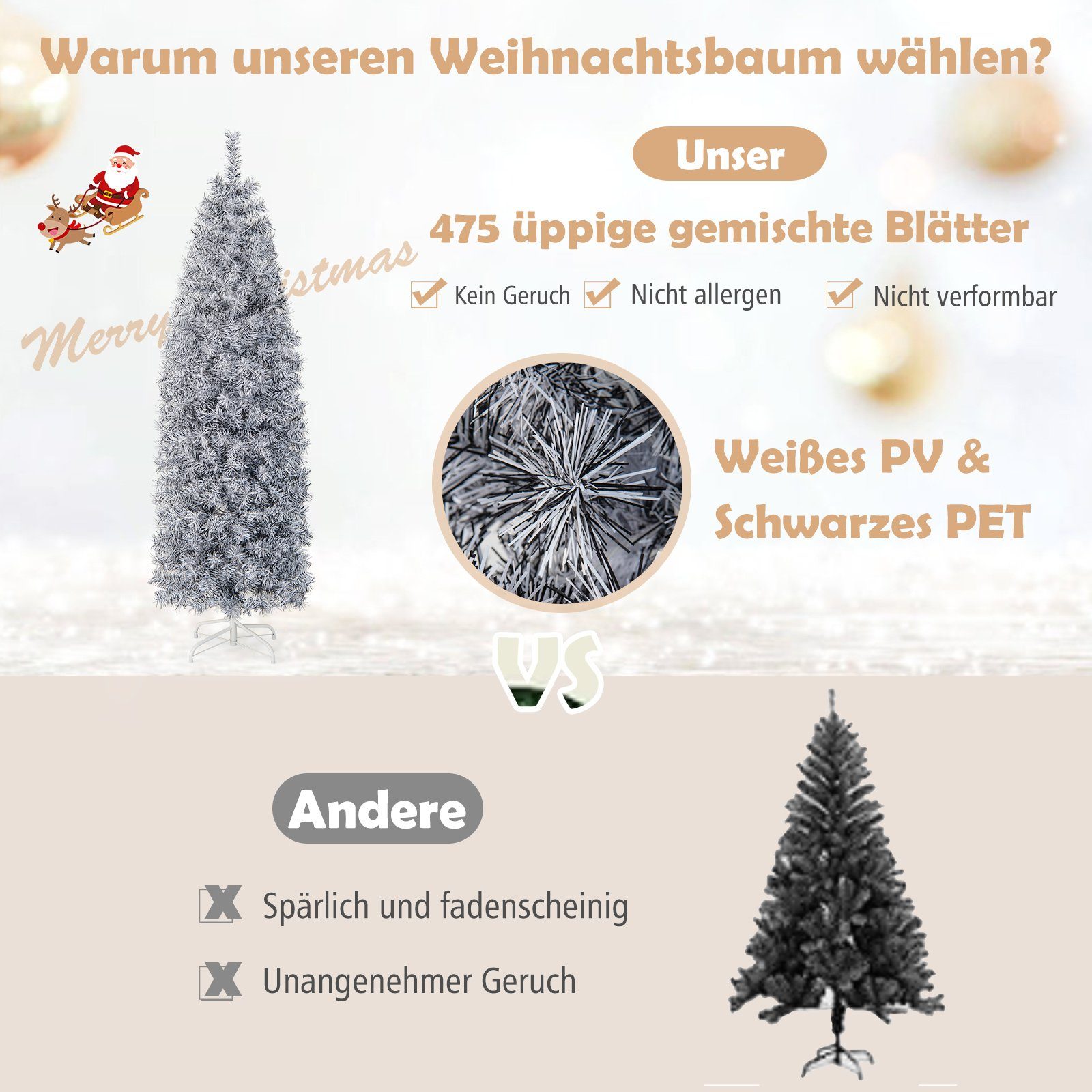 kaltweißen Weihnachtsbaum, 250 mit Bleistift, COSTWAY 180cm Künstlicher LEDs, Weiß+Schwarz