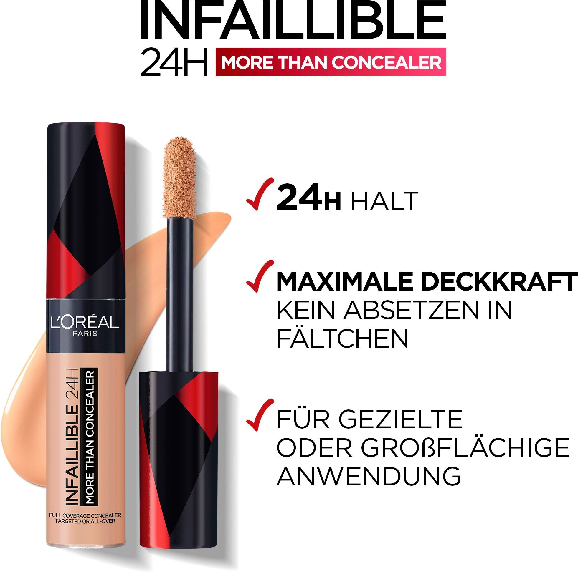 L'ORÉAL PARIS Concealer INFAILLIBLE 24h MORE THAN CONCEALER, hohe Deckkraft, Alleskönner: Abdecken, Auffrischen, Konturieren