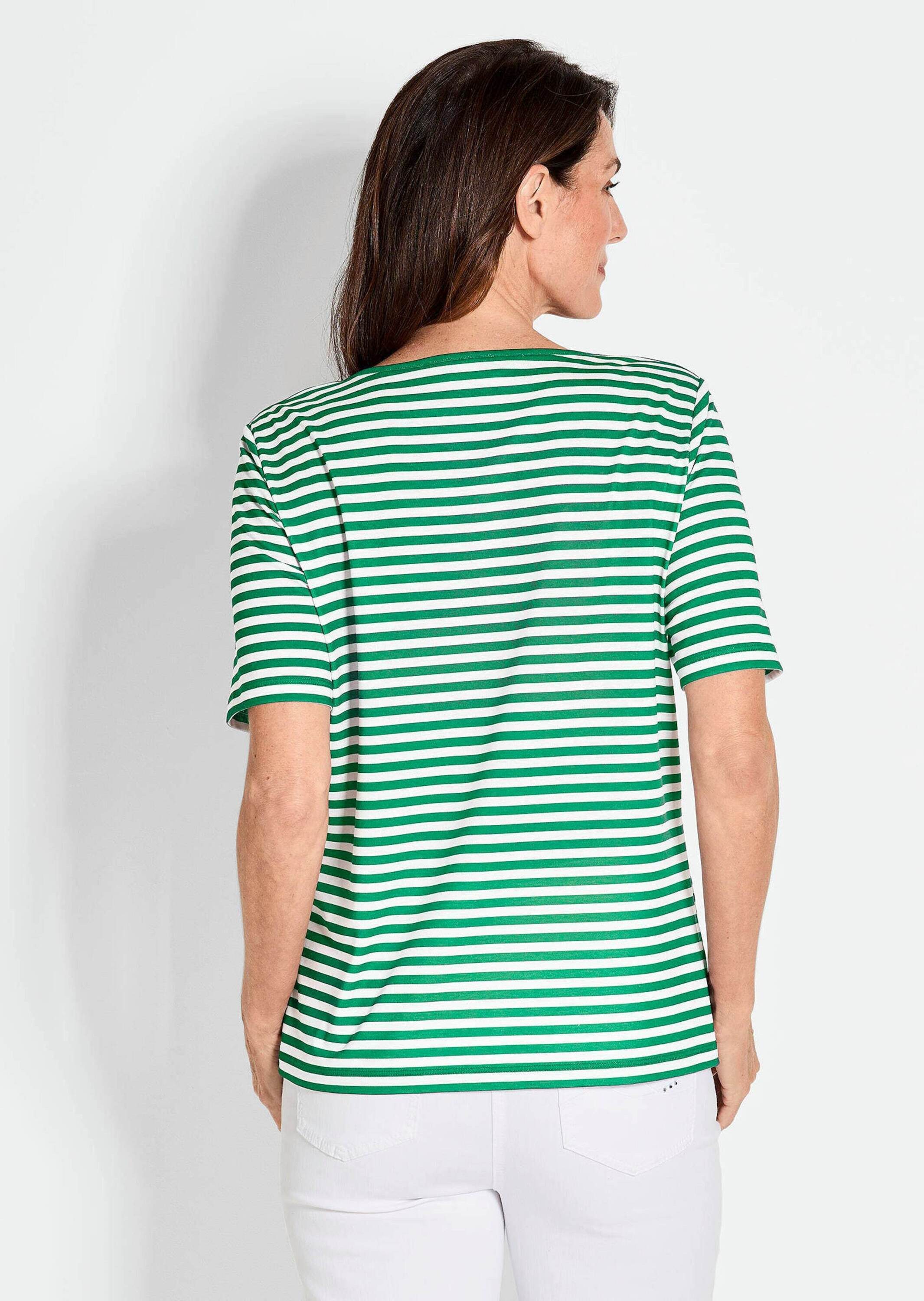 GOLDNER T-Shirt Kurzgröße: Stilvolles Streifenshirt für Damen Basicshirt mit U-Boot-Ausschnitt, Streifenmuster, aus Jersey