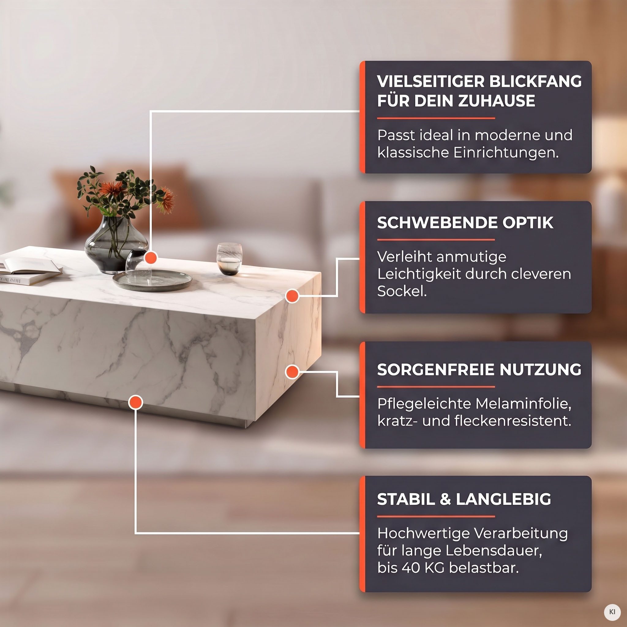 SalesFever Couchtisch Almeria Beistelltisch: Stilvoller Tisch 120/75 cm, Stilvoller, rechteckiger Tisch in edler Marmoroptik, 120x75cm – Bild 4 von 5