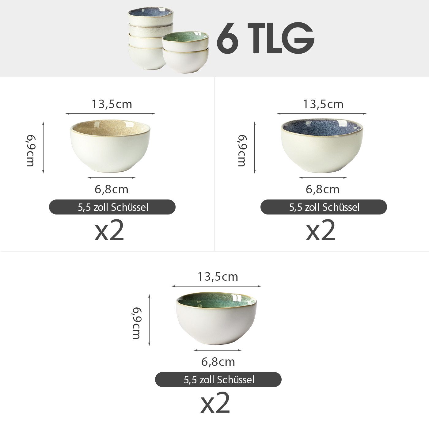 JIWOO Salatschüssel 4er Ø13.5cm, Müslischüssel Suppenschüssel Dessertschale Obstschale, Keramik, (Schüsselset, 6-tlg), Hochwertiges Schüsseln Bunt Mikrowellen und spülmaschinenfest Ø13,5cm