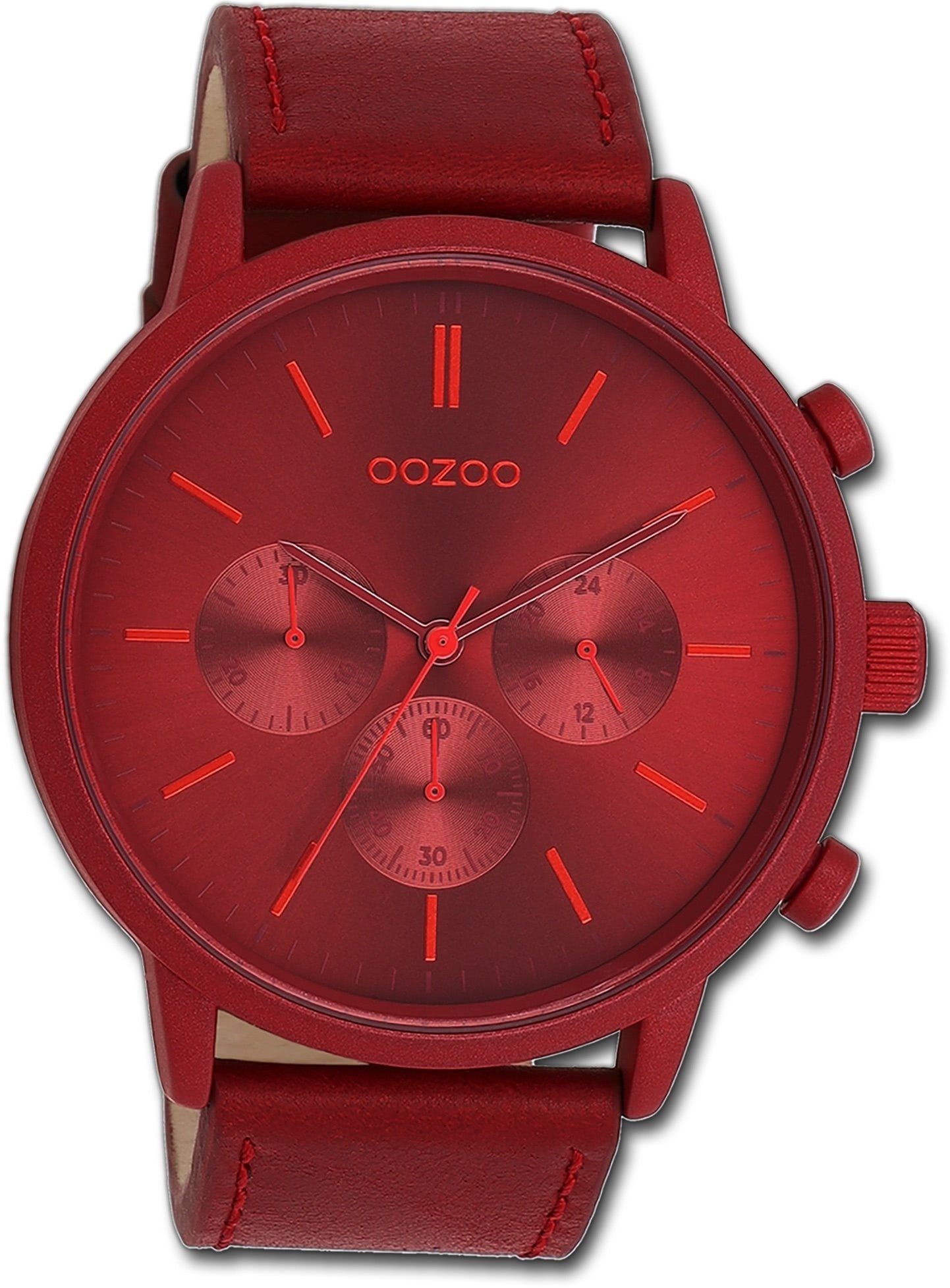 (ca. Timepieces, extra Oozoo Herrenuhr 50mm) OOZOO groß rot, Lederarmband Quarzuhr Gehäuse, Armbanduhr Herren rundes