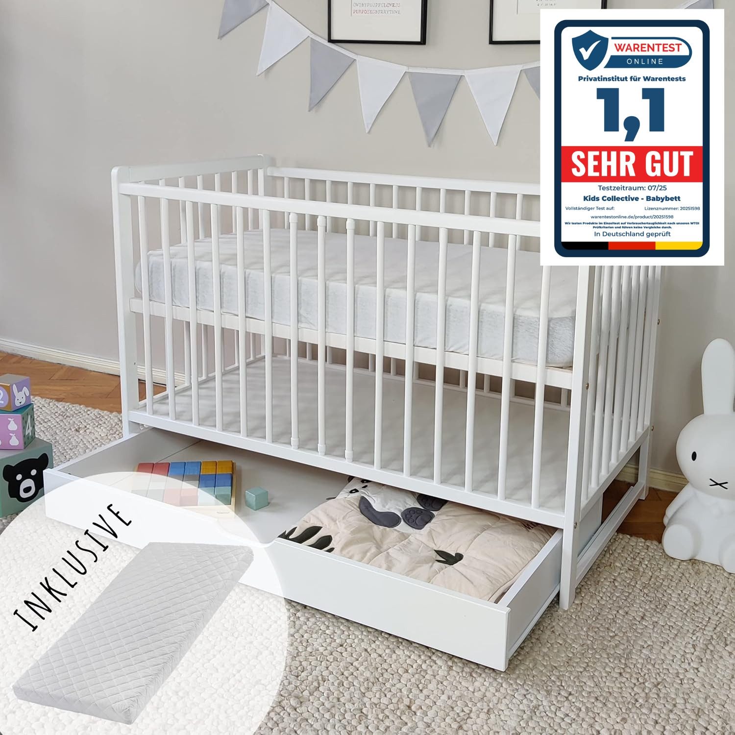 Kids Collective Babybett Babybett Kinderbett Gitterbett 60x120 Set mit Schu günstig online kaufen