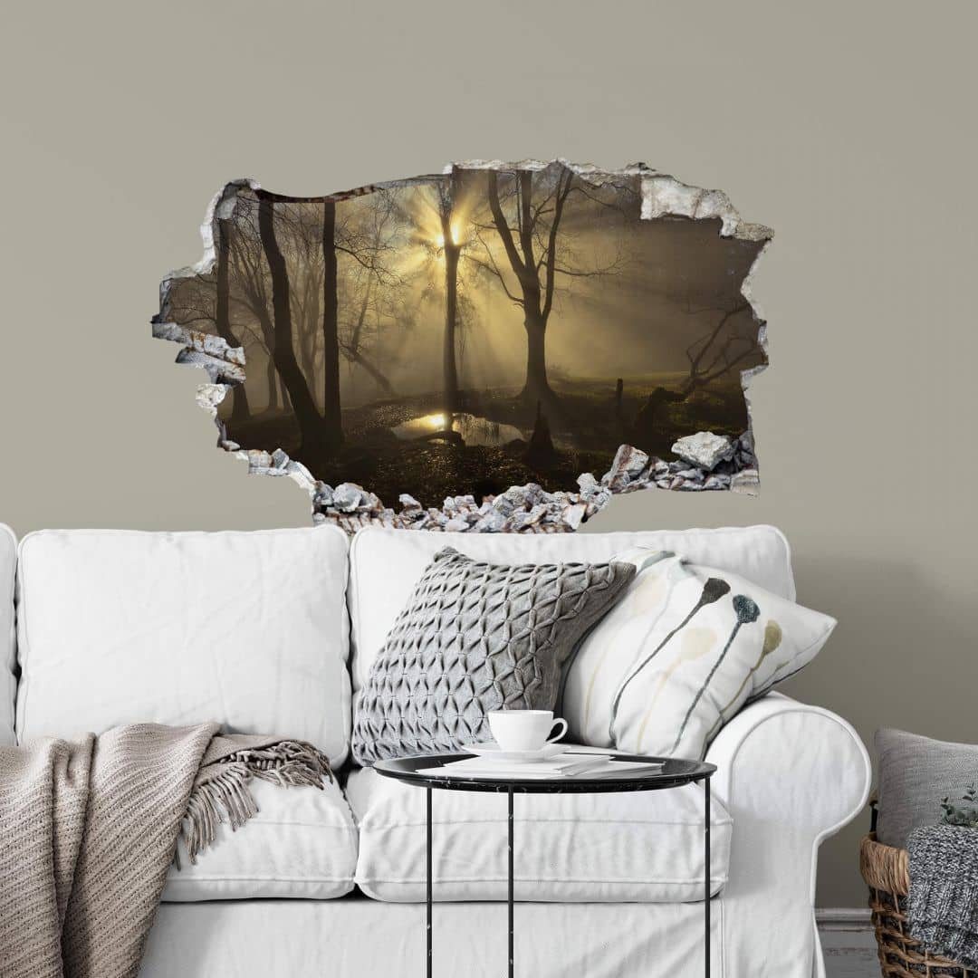 K&L Wall Art Wandtattoo 3D Wandtattoo Aufkleber Cuadrado Nebel im Wald Spaziergang Sonnenlicht, Mauerdurchbruch Wandbild selbstklebend