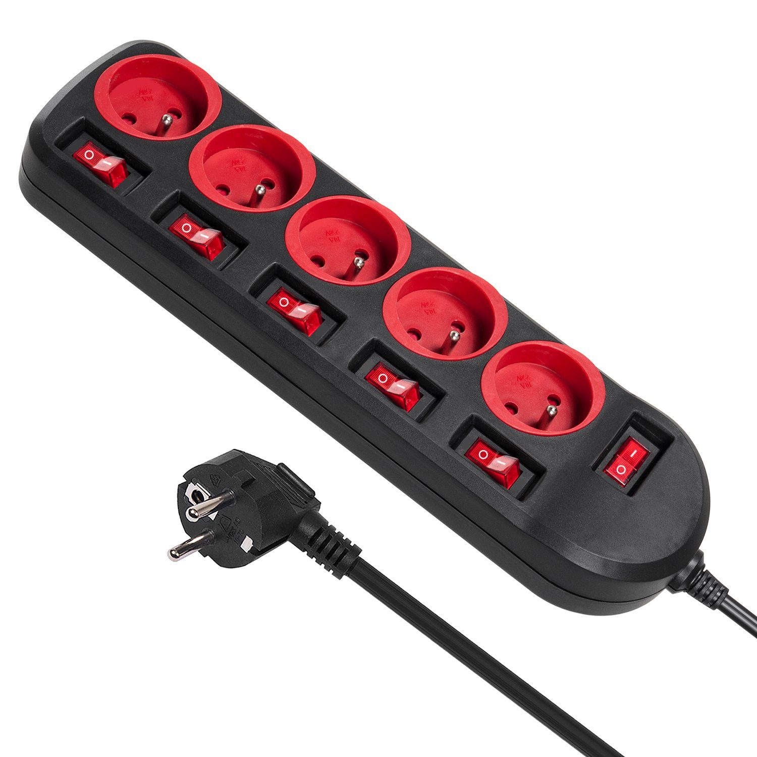 Maclean MCE204 Farbenfroh 5‑fach 1,5 m Kabel (Typ E) Steckdosenleiste 5-fach (Ein- / Ausschalter, separate Ein- / Ausschalter, Schalterbeleuchtung, Kindersicherung, Kabellänge 1.5 m), mit separaten Schaltern LED‑Beleuchtung