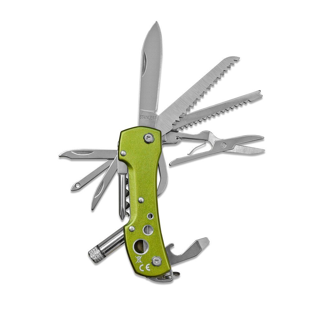 Munkees Universalmesser Taschenmesser LED 15 Funktionen mit Aluminiumgriff, grün, (Einzelartikel, 1 St), 15 Funktionen, LED-Licht, Aluminiumgriff