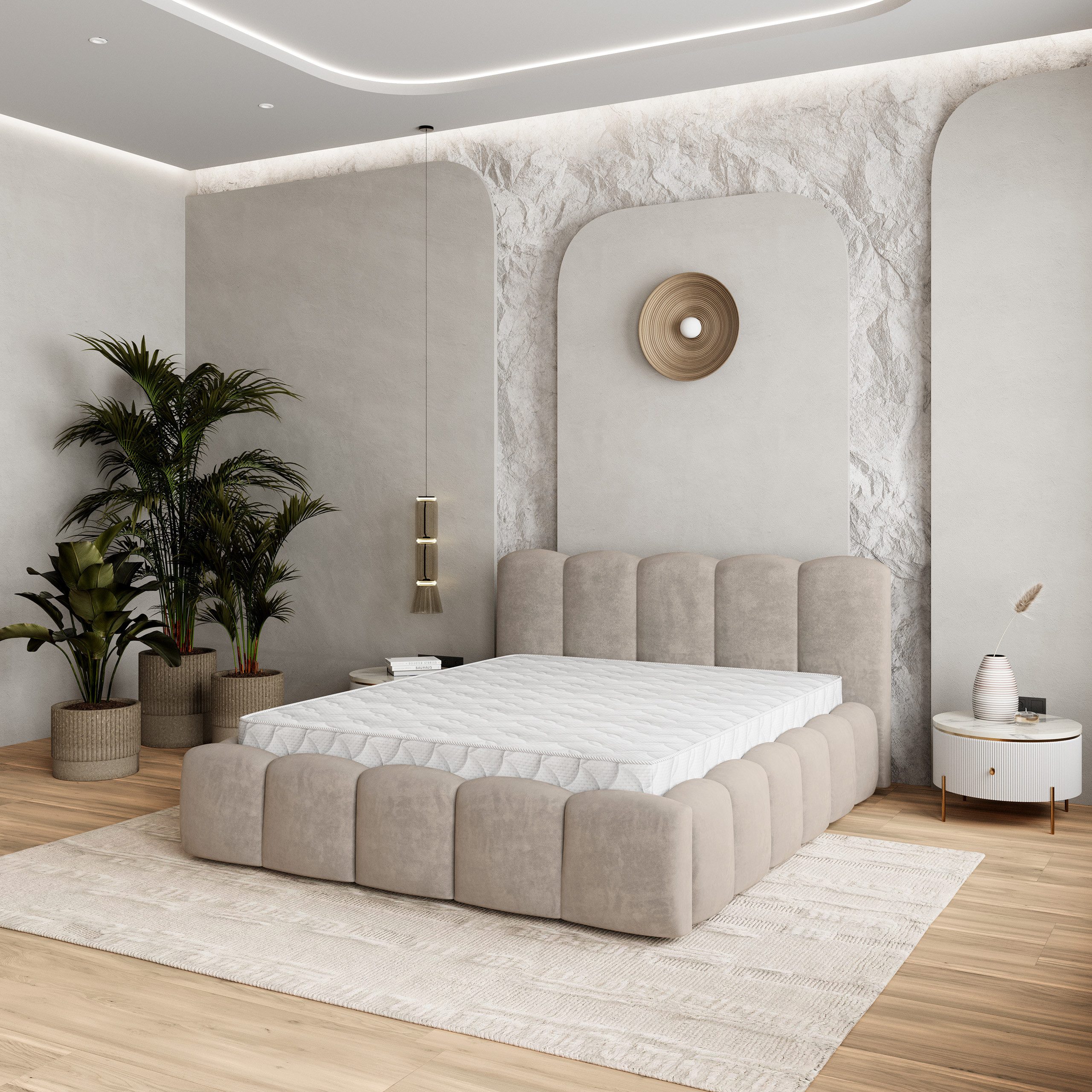Masseno Polsterbett FALINA 180x200 cm beige (mit Bettkasten und Lattenrost)