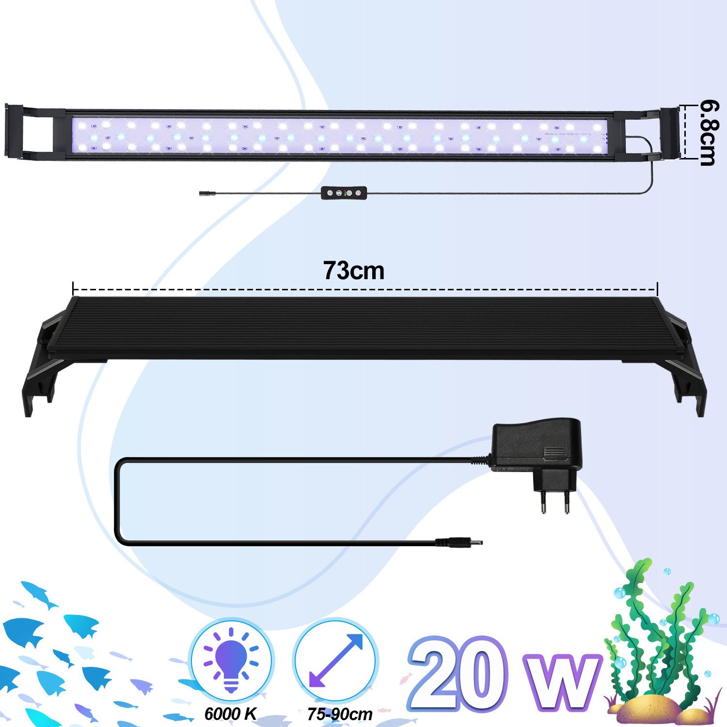 Clanmacy LED Aquariumleuchte 20W für 75-90cm LED Aquarium Beleuchtung mit timer Aufsetzleuchte, 20W für 75-90cm aquarium