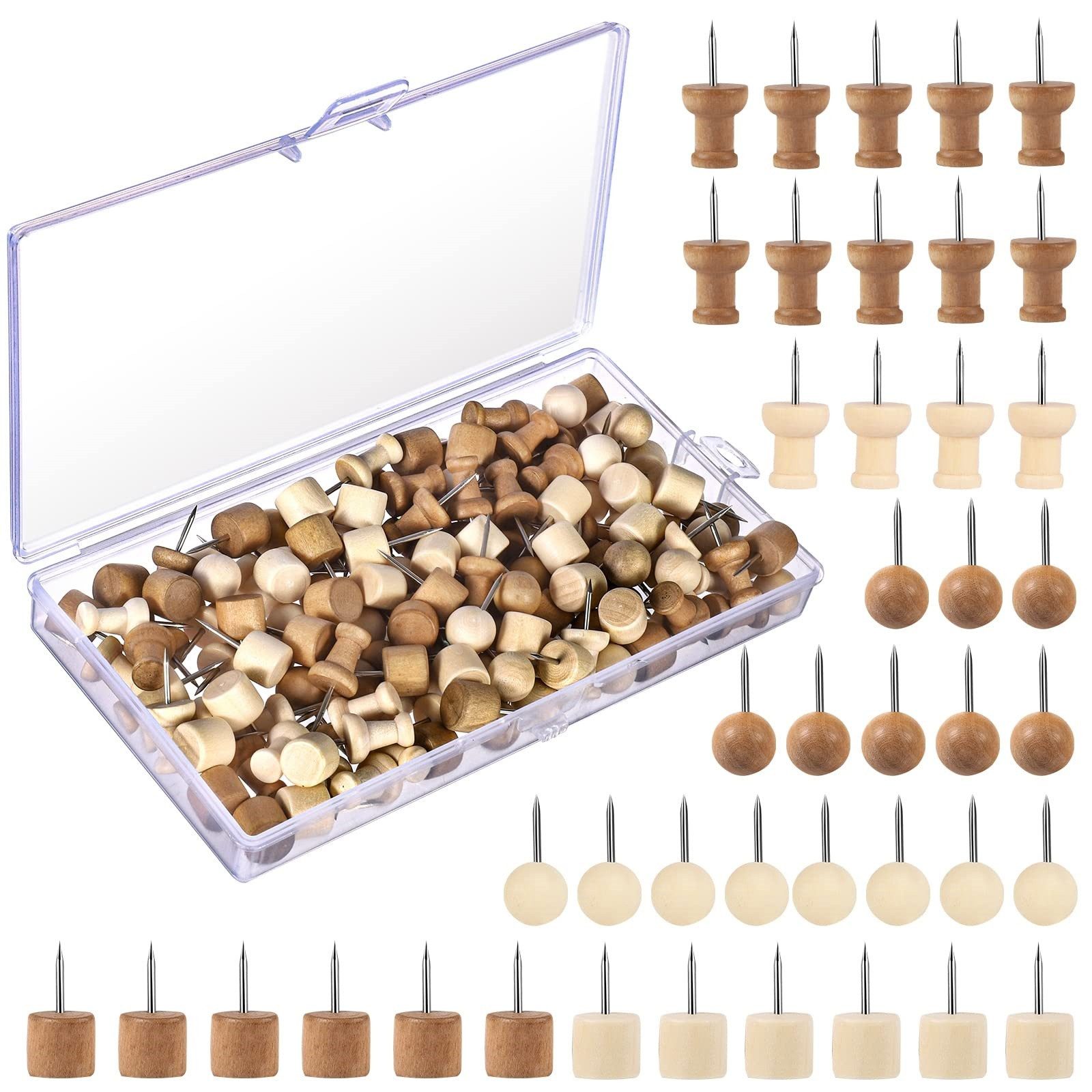 FOUORTUNATE-BEE Pinnnadel 300 Holz Reißzwecken Pinnwandnadeln mit Box für Korkwand Set, Für Fotos Karten Büro Schule Korktafel Reißzwecken Holz Set