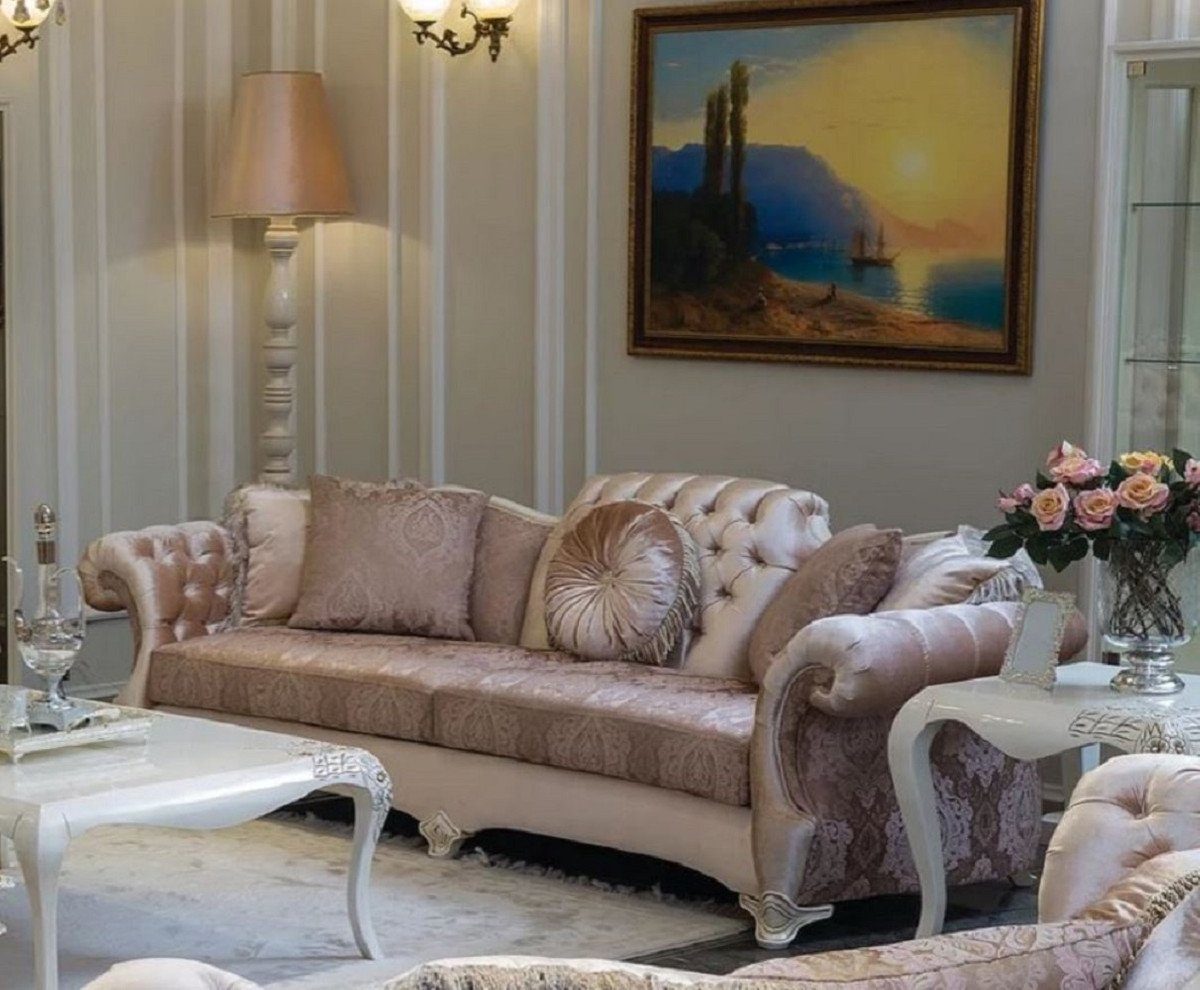 Casa Padrino Sofa Luxus Barock im 84 Wohnzimmer / x x Sofa - / Muster - / Möbel Barockstil mit Weiß dekorativen Rosa Beige elegantem und 97 cm 265 Wohnzimmer H. Massivholz Kissen Lila Sofa