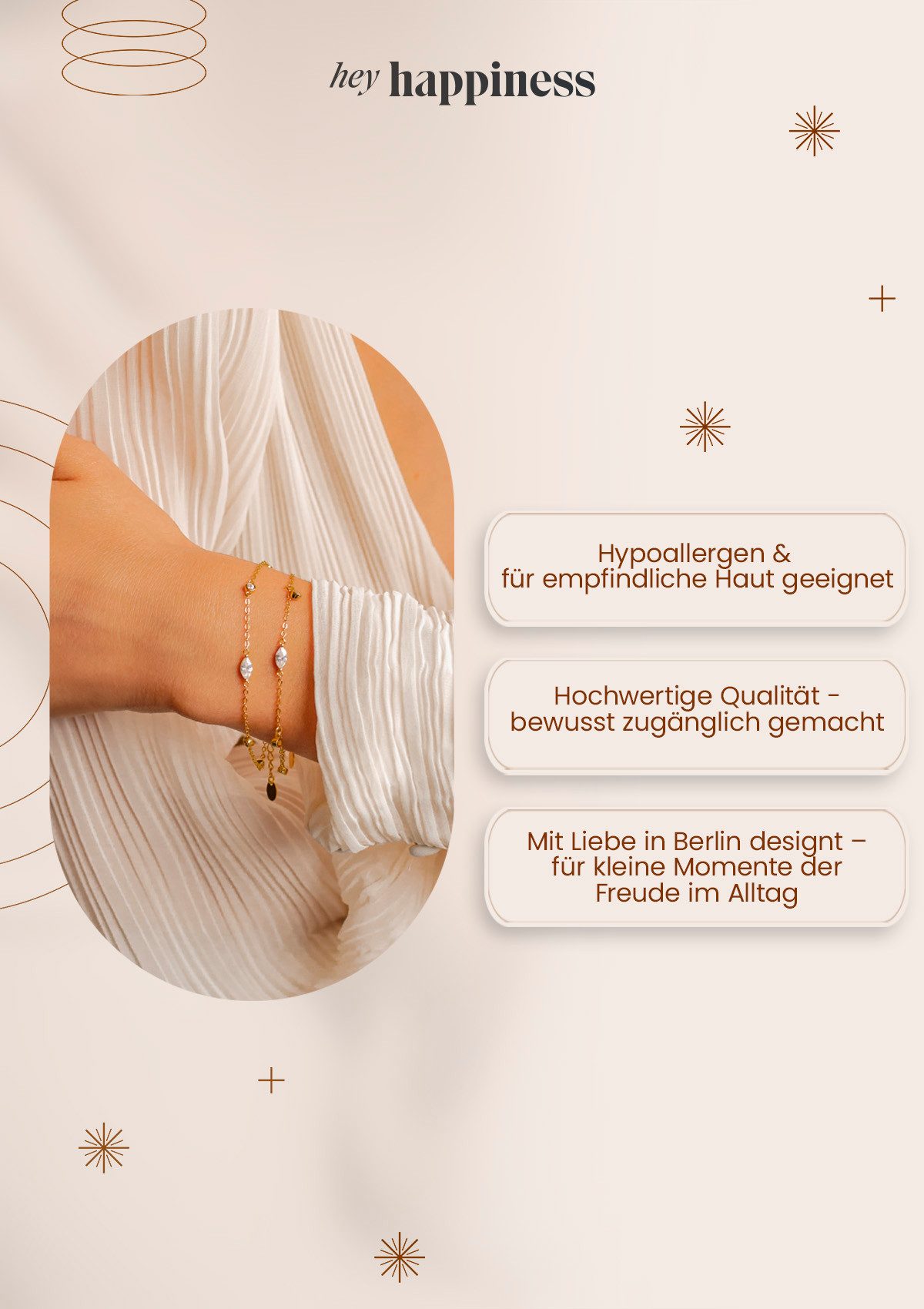 Hey Happiness Charm-Armband Silber Zirkonia 18K Vergoldet, Damen Armkette Kristalle, zur Auswahl, Armband Silber 925 hängend, Brautschmuck – Bild 5 von 5