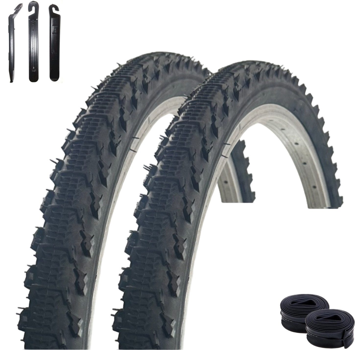 maxxi4you Fahrradreifen 2x VEE Rubber V185 26x2.00 Schwarz + 2x AV Schlauch + Reifenheber