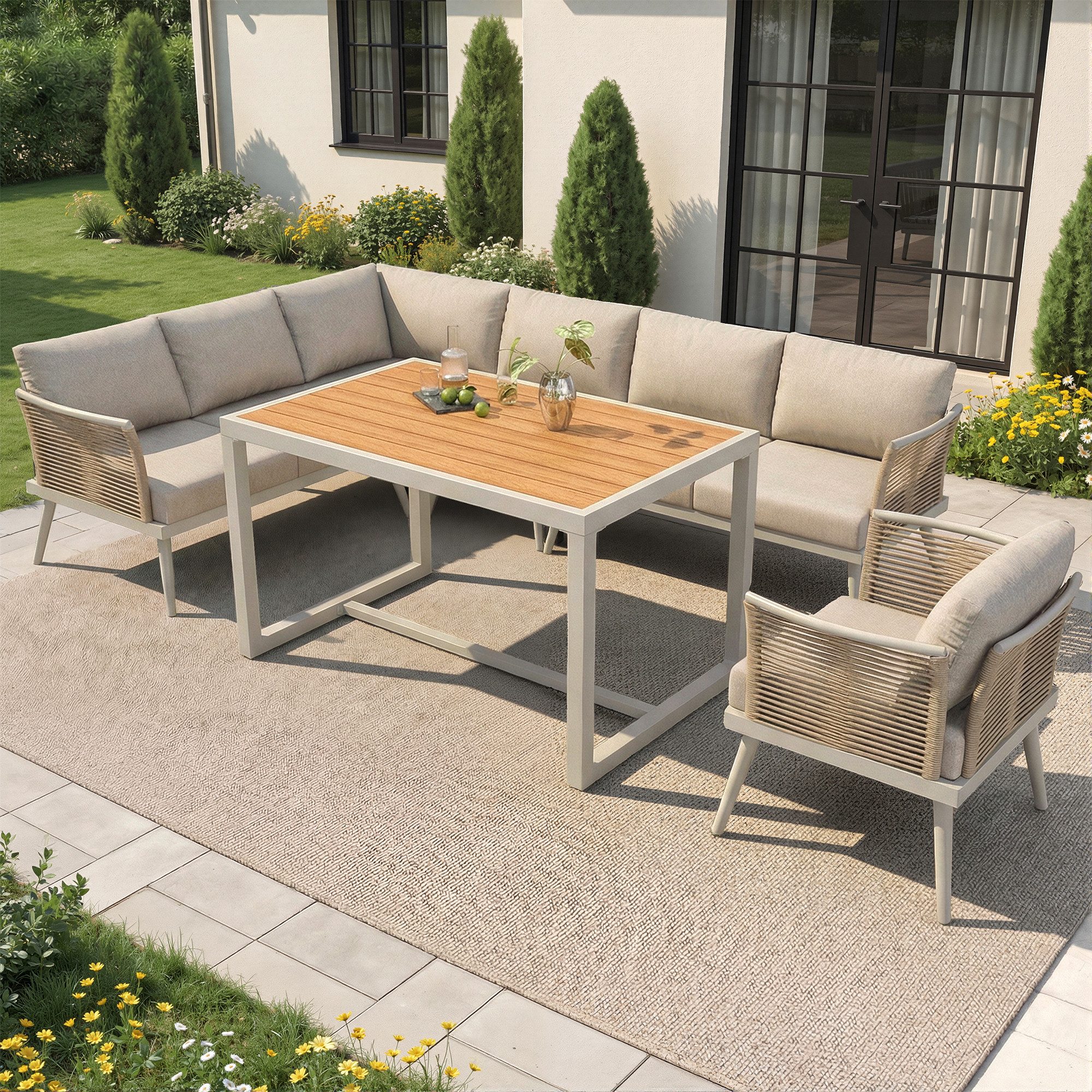 Odikalo Gartenlounge-Set L-förmiges Gartenmöbel Set Gartensitzgruppe mit geflochtenen Armlehnen, (Wetterfeste Eckgarnitur aus Eisen / Inkl. Holz-Couchtisch & Sessel / Mit Polstern & Kissen)