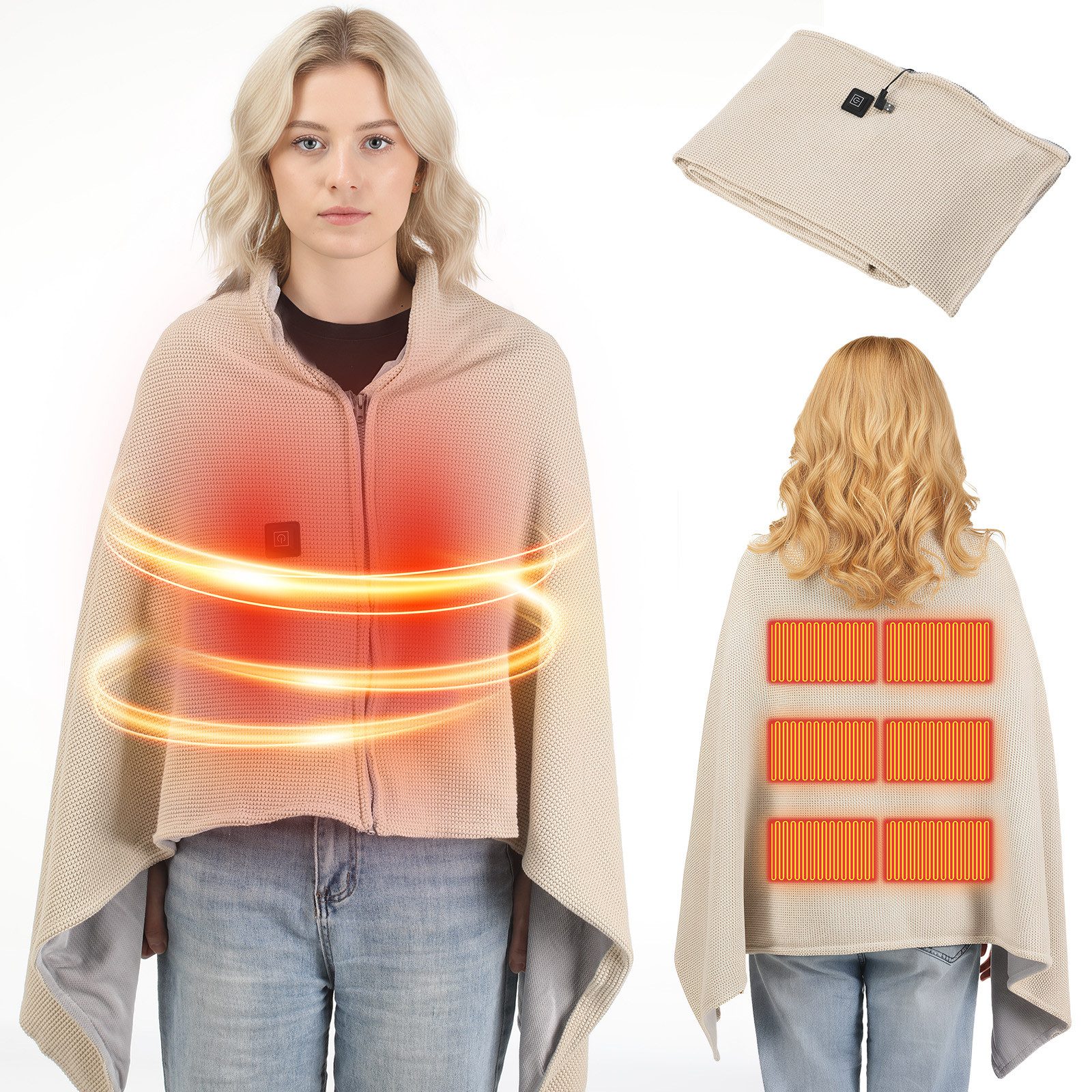 oyajia Wärmeunterbett Elektrisch beheizbarer Umhang mit USB-Line, Fleece, tragbare Heizdecke, 145 x 85 cm Komfortable Heizdecke für Zuhause, Büro, Outdoor, Reisen