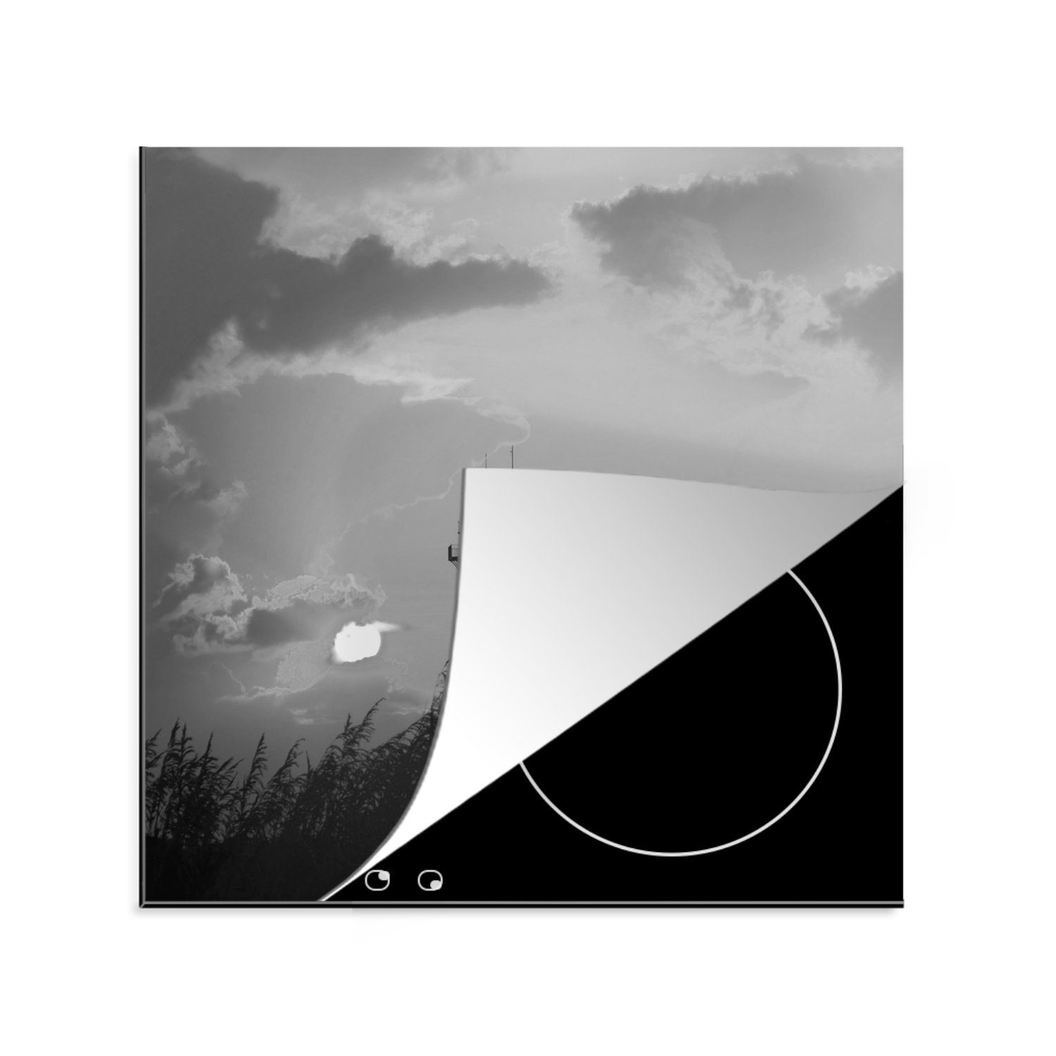 MuchoWow Herdblende-/Abdeckplatte Leuchtturm - Sonne - Schwarz - Weiß, Vinyl, (1 tlg), 78x78 cm, Ceranfeldabdeckung, Arbeitsplatte für küche