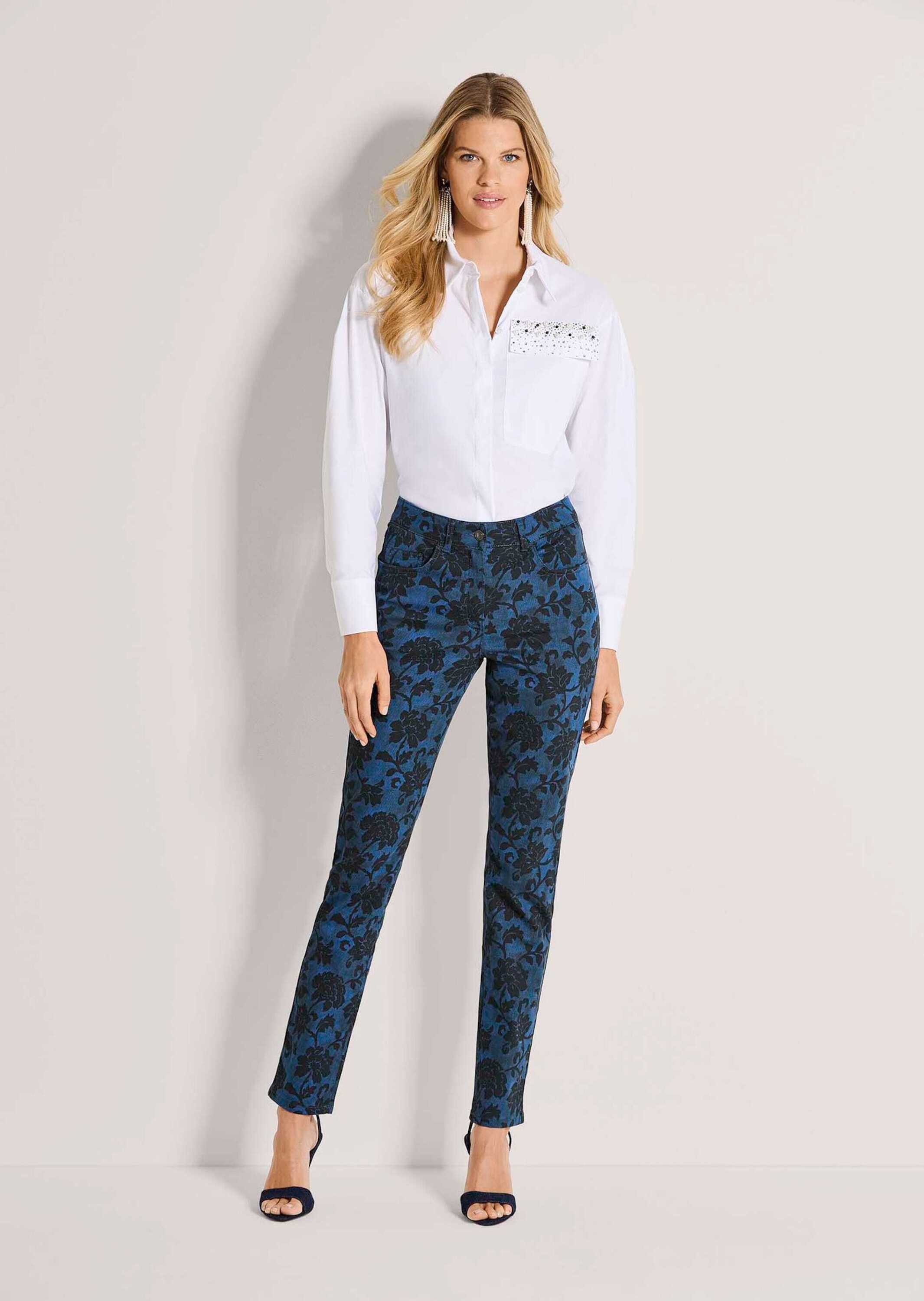 MADELEINE Stoffhose Baumwollhose mit floralem Print Jerseyhose mit Formbund, Gürtelschlaufen, Taschen und Knöchellänge