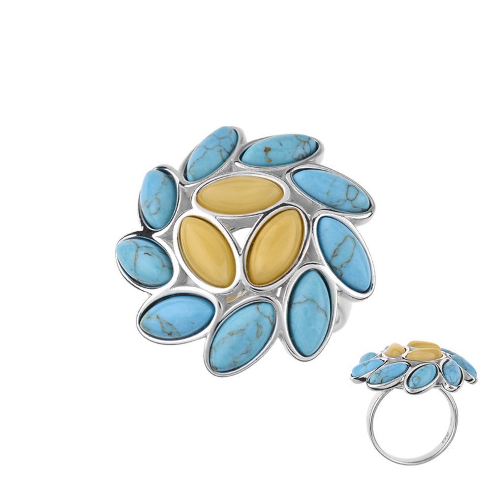 Cavill Silberring Cavill Ring 925 Silber mit 9 Türkisen & 3 Bernstein, 4,76 ct, floral (1-tlg)