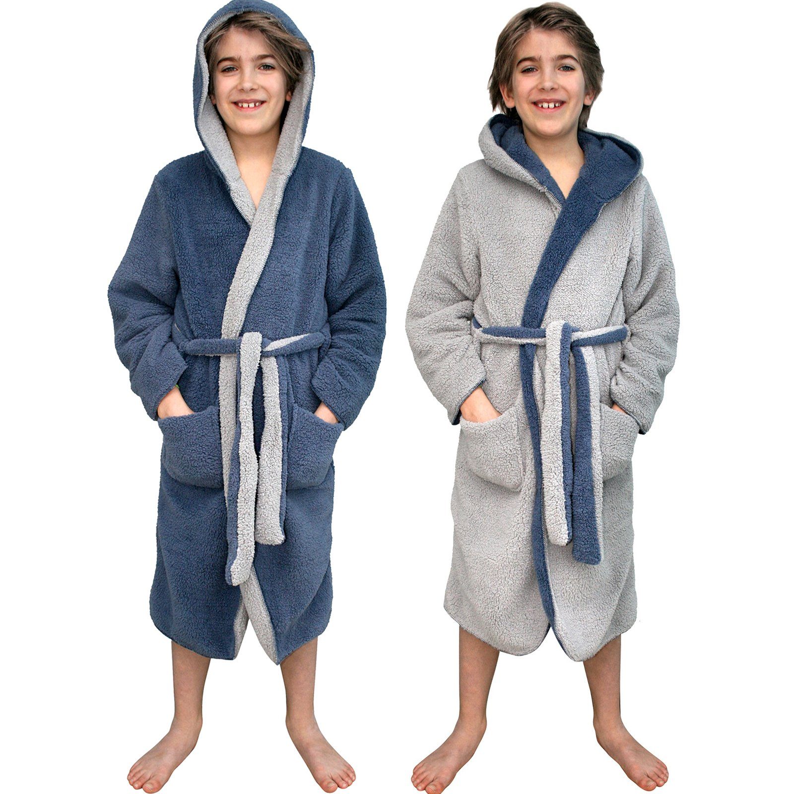 HOMELEVEL Blau Kuschelfleece Sherpa Kinder - Wende-Design, Kinderbademantel Bademantel Polyester - für