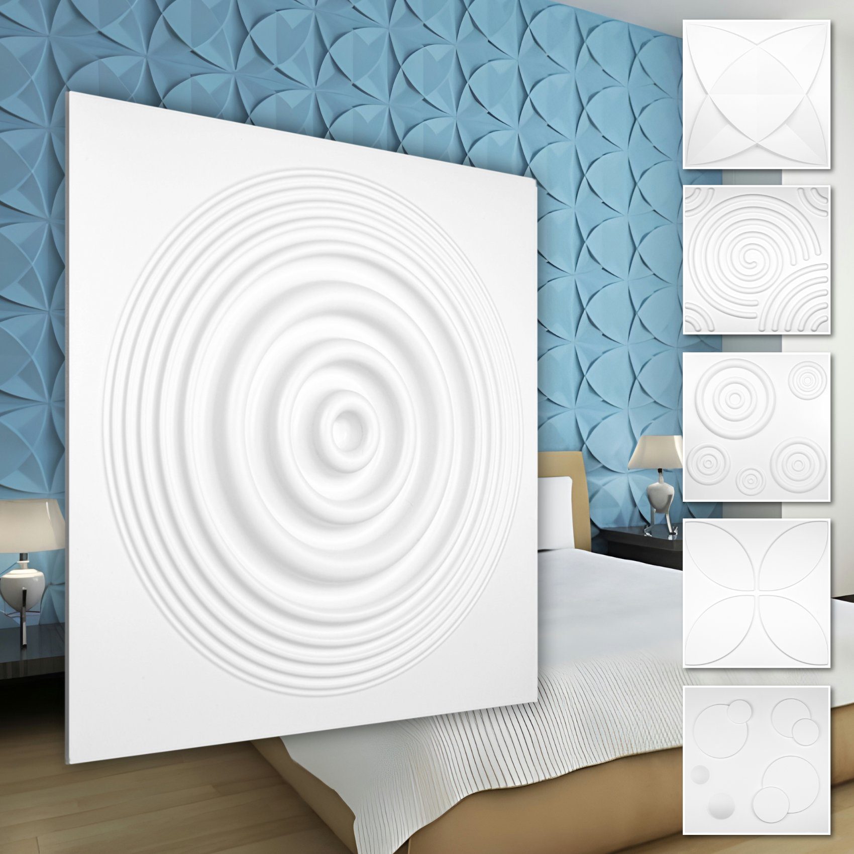 Hexim Wanddekoobjekt HD075 (PVC Kunststoff - weiße Wandverkleidung mit 3D Optik - Kringel Motive (3 qm 12 Platten) Gaming Idee Wohnzimmer Kreise)