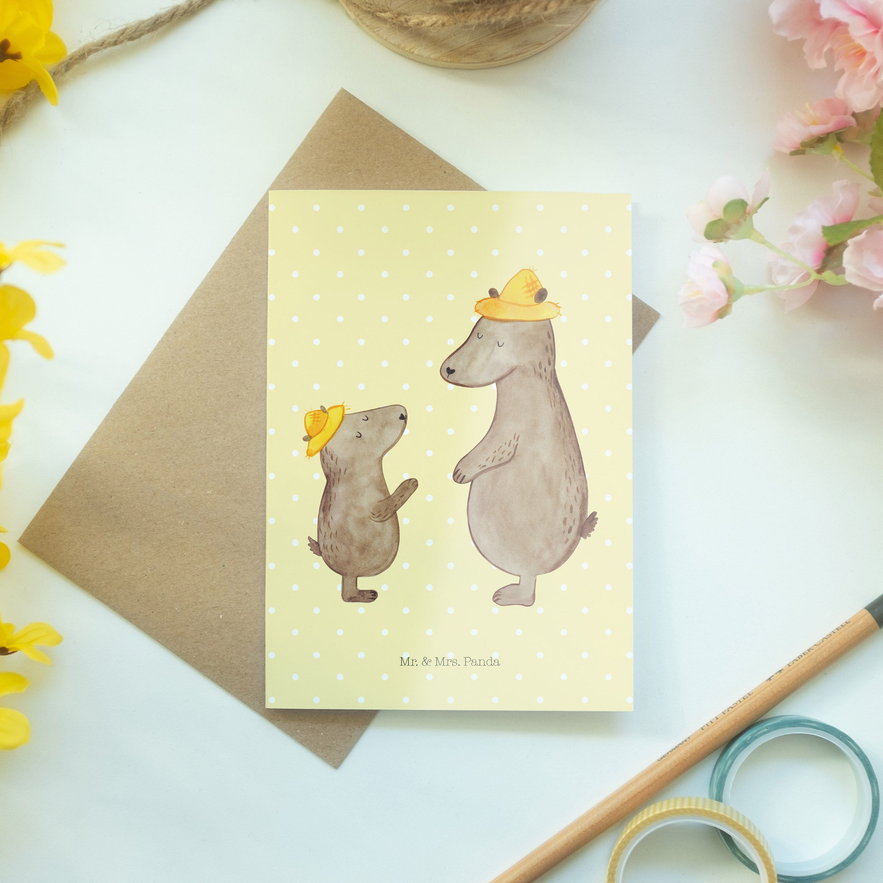 mit Mr. Mrs. & Opa, Hut Pastell Grußkarte - Geschenk, Geburtstagskarte, Bären Gelb Panda - Hochz