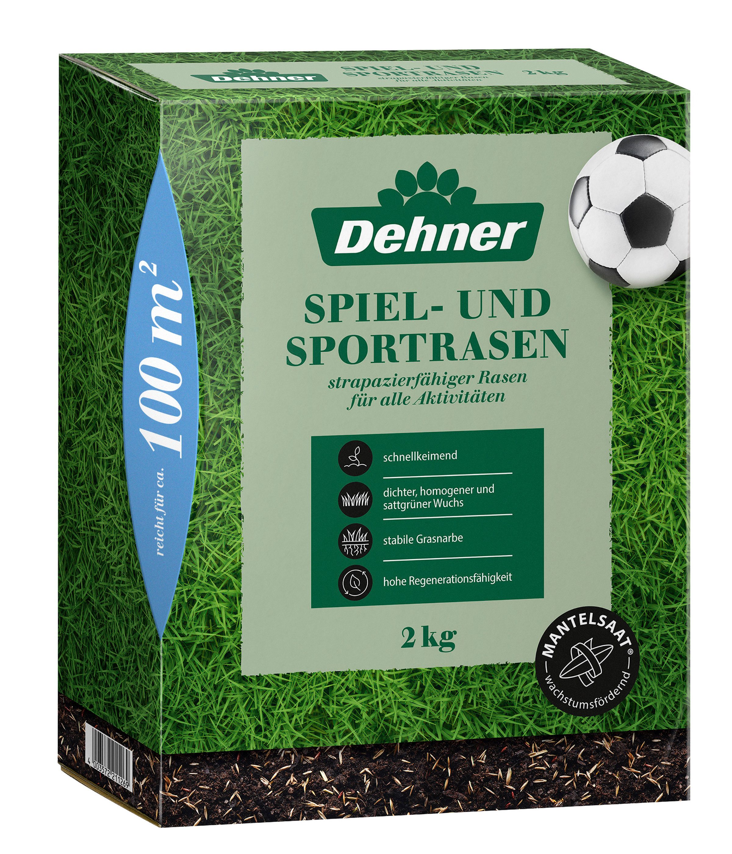 Dehner Rasensamen Spielrasen Saatgut, schnell keimend, pflegeleicht, verschiedene Größen, Für ca. 200 m², dicht, strapazierfähig, ideal für Spielflächen