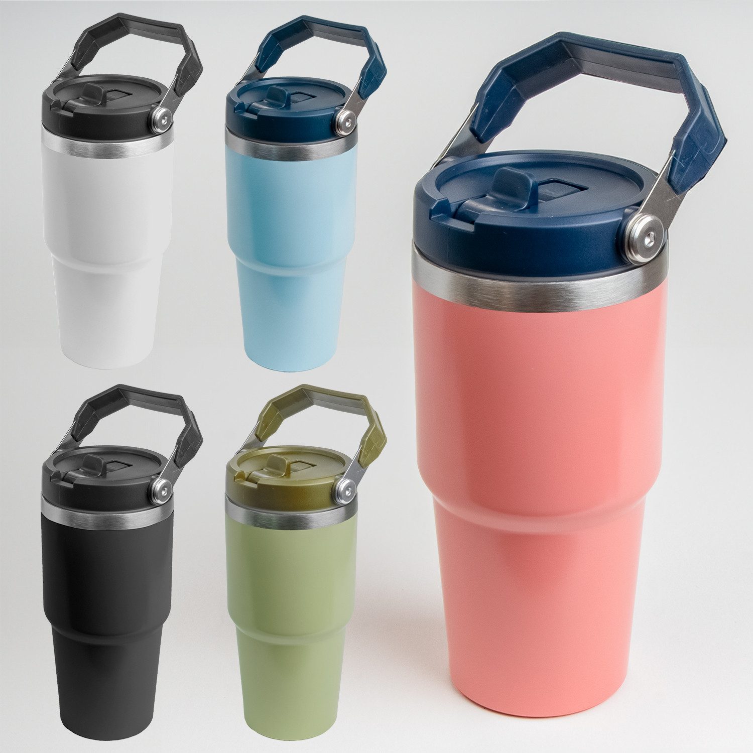 KVOTA Thermobecher Becher mit abnehmbarem Strohhalm im Deckel und Tragegriff, 500 ml, 1-tlg., Edelstahl, Kunststoff, Strohhalm-Deckel