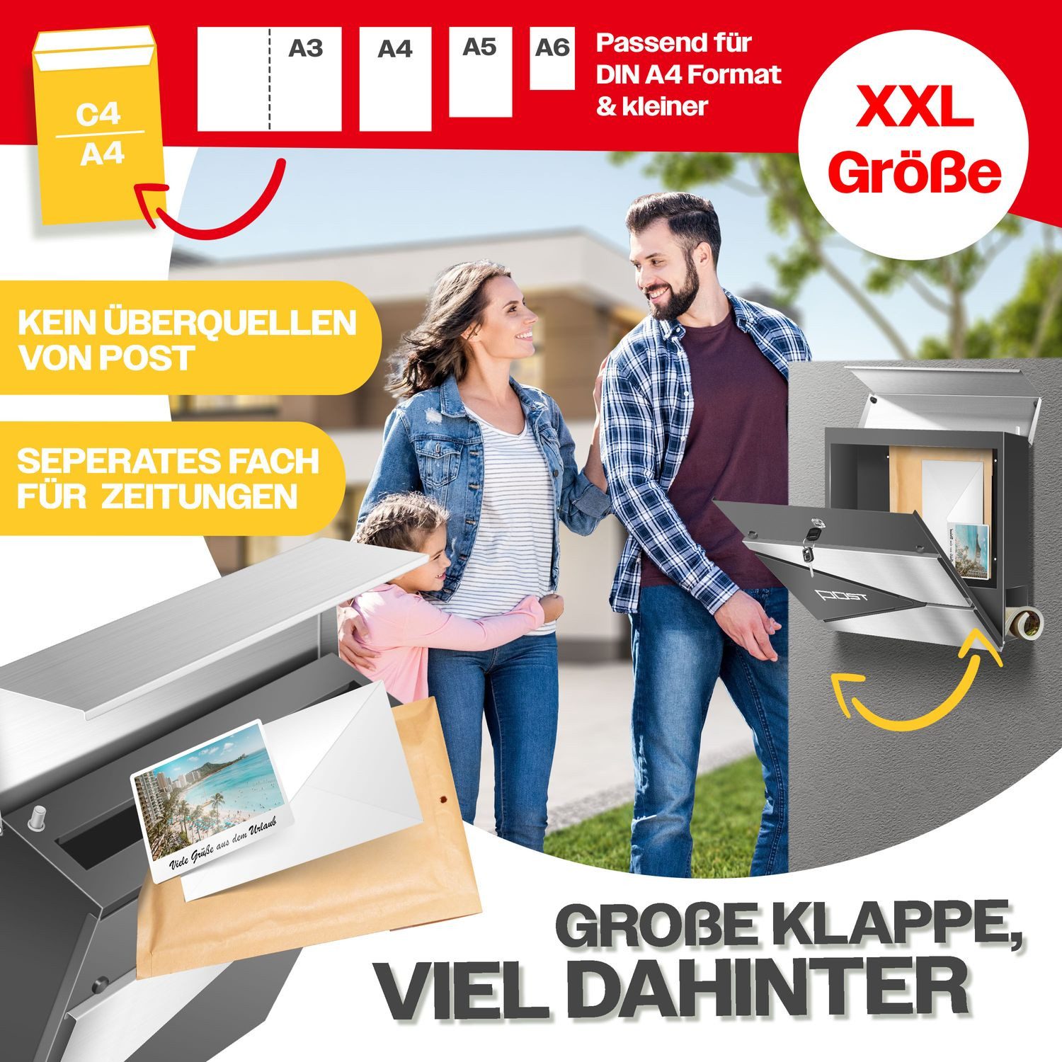 KESSER Briefkasten, mit Zeitungsfach Wandmontage Wandbriefkasten Edelstahl