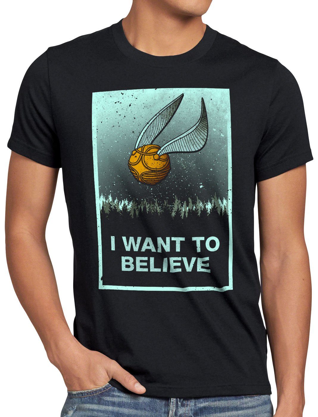 T-Shirt believe turnier style3 besen sport Print-Shirt Herren want to Schnatz I quidditch