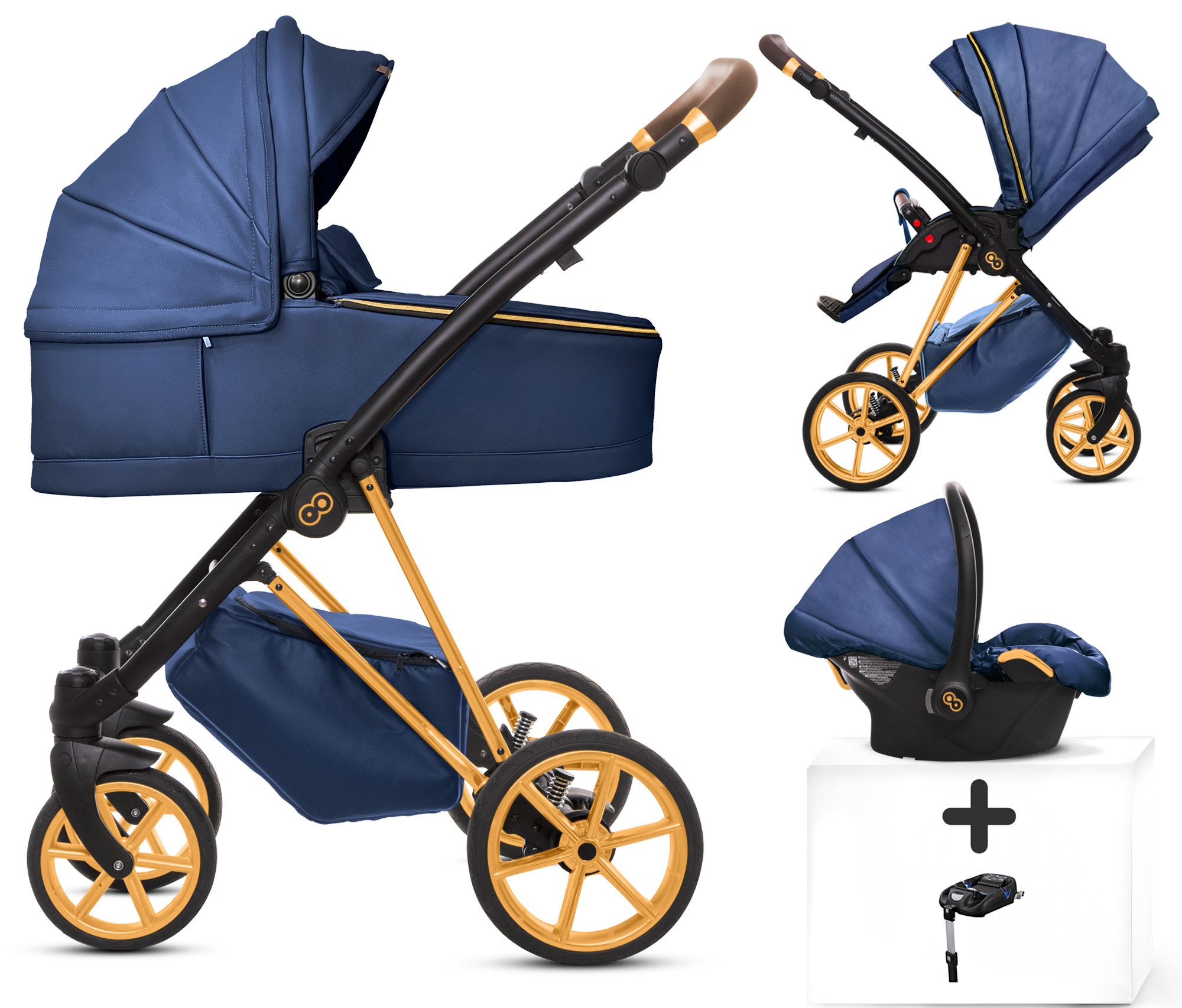 TPFFamily Kombi-Kinderwagen 4 in 1 Musse Royal, Baby Buggy Babywanne Autositz Isofix Basis, Zubehör-Set Kinderwagen 4 in 1 Kunstleder Blau, Gestell Gold