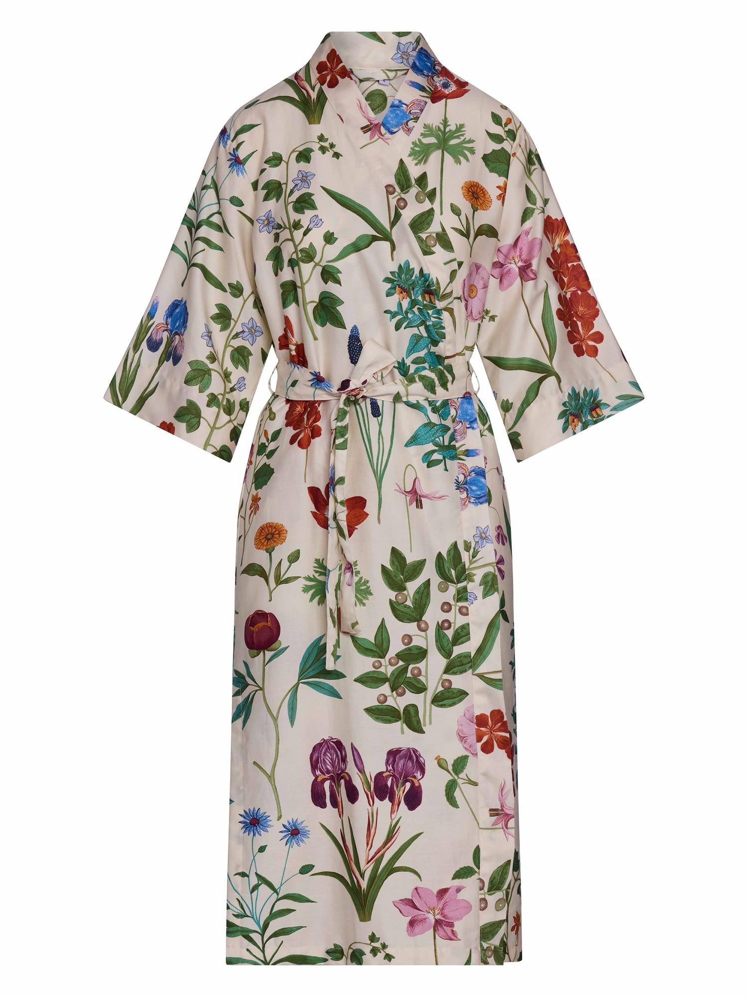 Essenza Kimono Ilona Marigold, Langform, Baumwolle, Kimono-Kragen, Gürtel, aus Bio-Baumwolle mit wunderschönem Blumenprint
