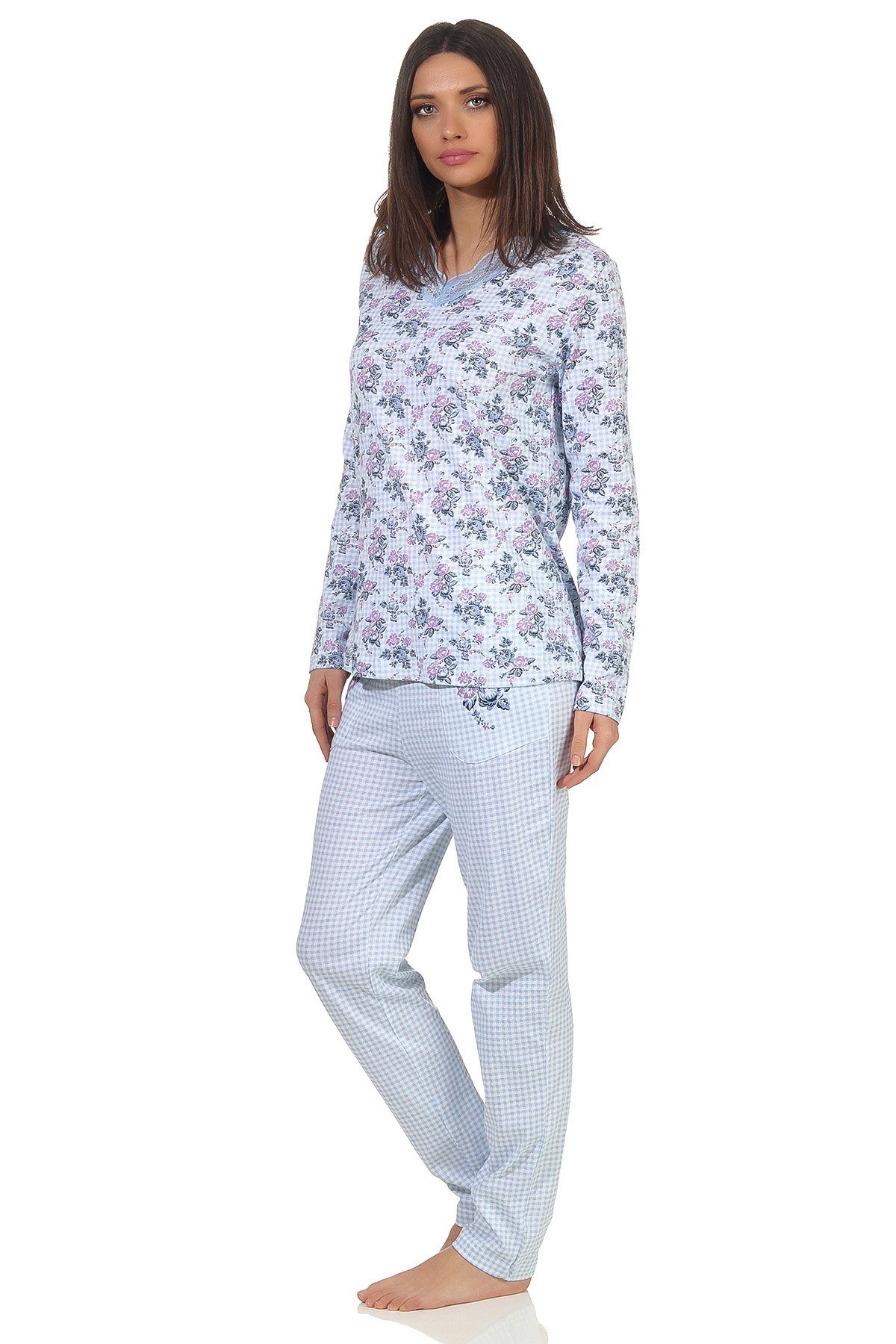 Normann Pyjama Muster - 106 im langarm Klassischer Damen hellblau florales 102 Schlafanzug
