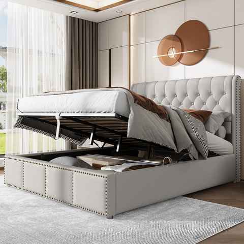 OKWISH Polsterbett Doppelbett (140 x 200 cm, ohne Matratze), mit Hydraulikhebel, Aufbewahrung von Bettkästen, Nietenverzierung