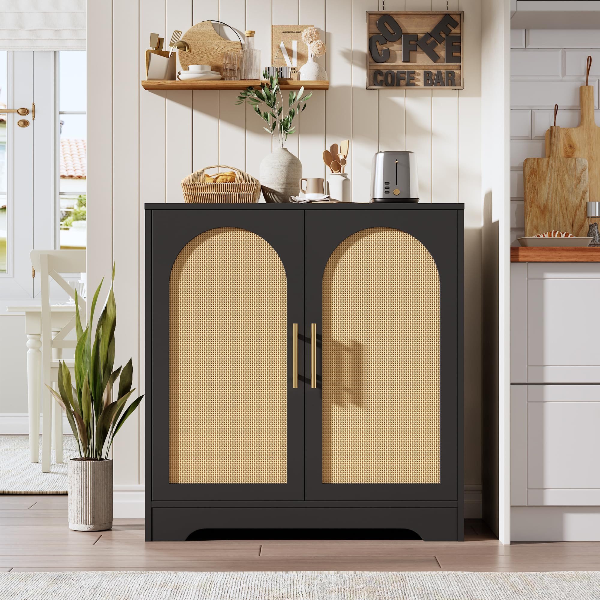 GarveeMore Sideboard Sideboard Buffet Schrank mit Aufbewahrung mit Rattan Türen