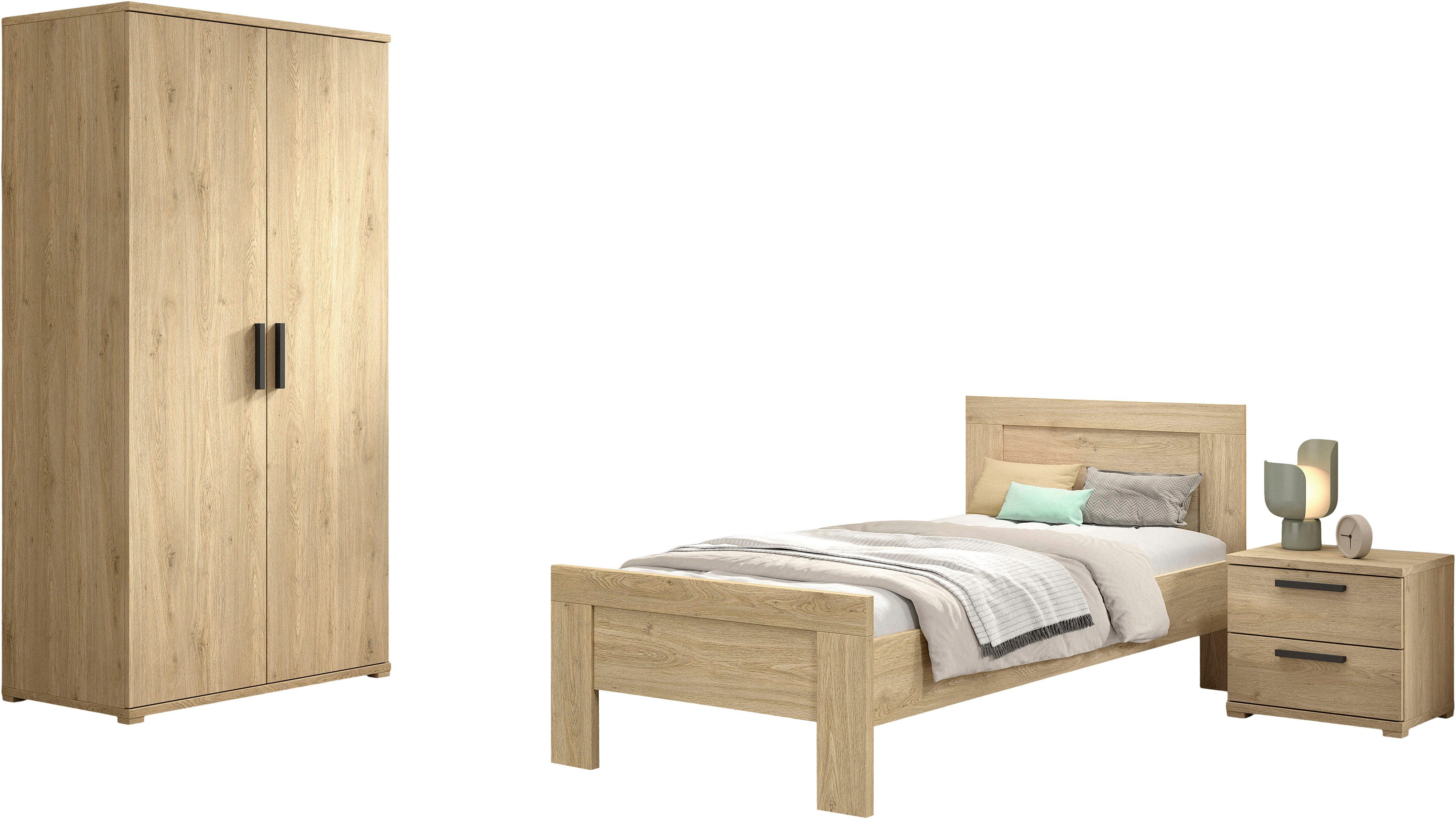 Vipack Jugendzimmer-Set SAM - Bett, Nachtkonsole, Kleiderschrank 2-trg., gradliniges Design, (3-tlg., Schubladen auf Metallauszug, Kleiderschrank 2-trg. mit viel Stauraum), die Oberfläche ist pflegeleicht, in der Ausführung Eiche Dekor