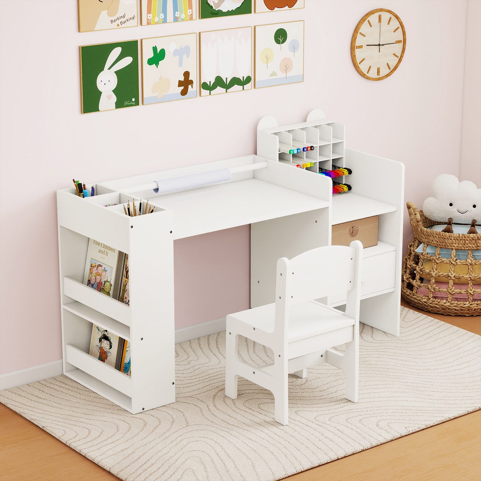 COSTWAY Kinderschreibtisch, Kinder Schreibtisch Set mit abnehmbarem Papierrollenhalter
