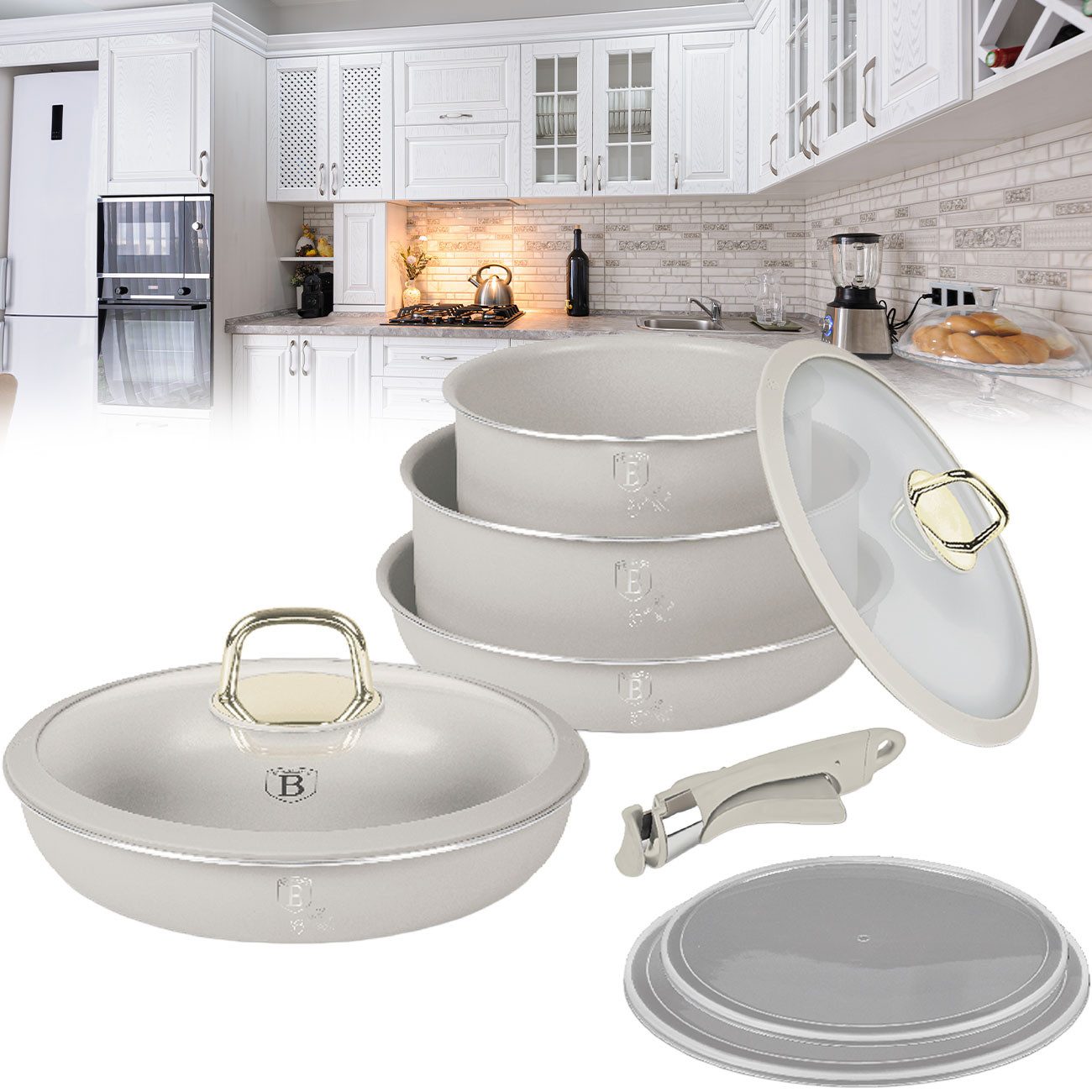 BerlingerHaus Topf-Set 9-tlg. Kochgeschirr-Set (Creme), stapelbar, mit abnehmbarem Griff, (9-tlg), Turbo-Induktionsbasis: Schnelle Wärme & hohe Energieersparnis
