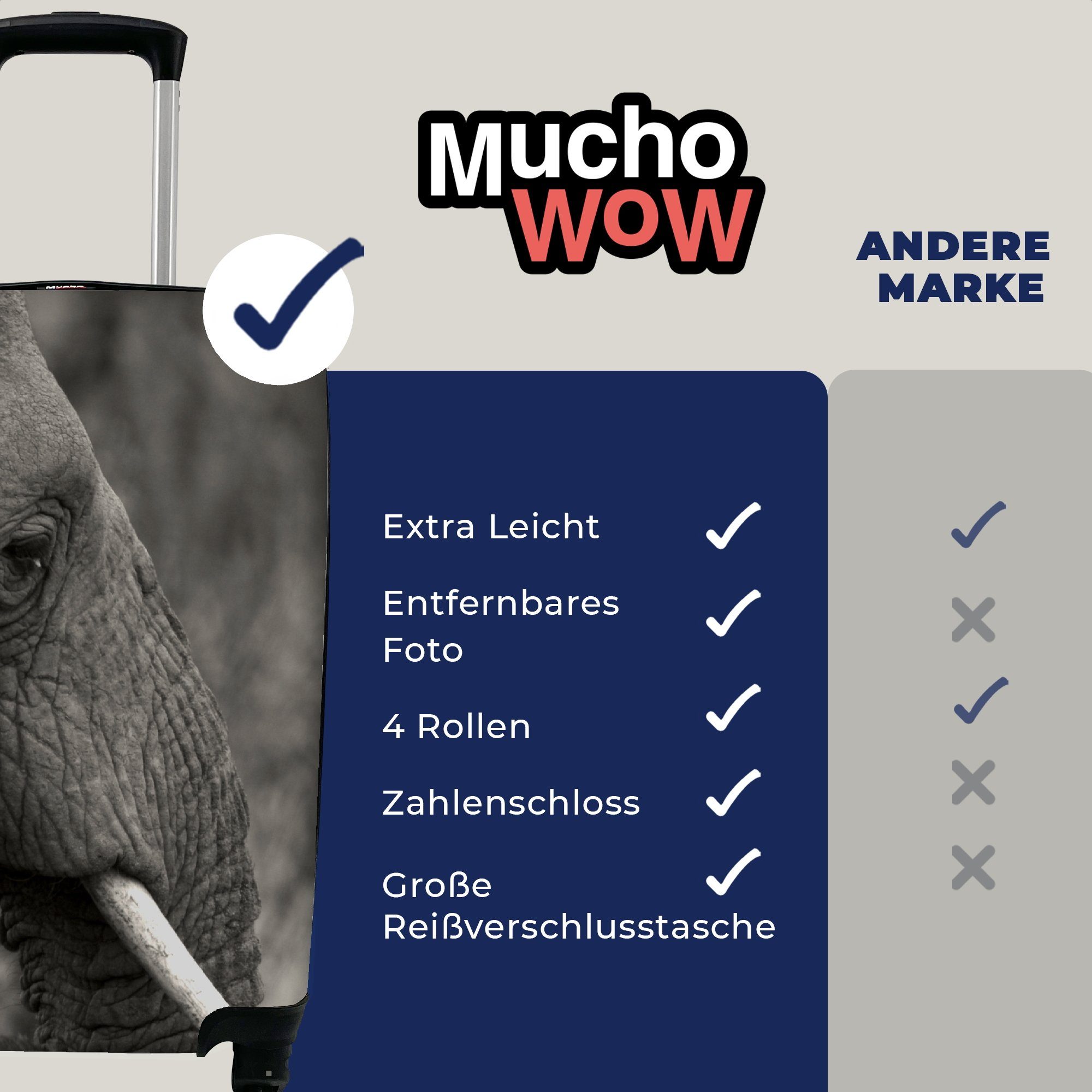 MuchoWow Handgepäckkoffer Tiere - - Trolley, Schwarz - Ferien, Weiß, Reisekoffer für rollen, Handgepäck Rollen, Elefant 4 Reisetasche mit