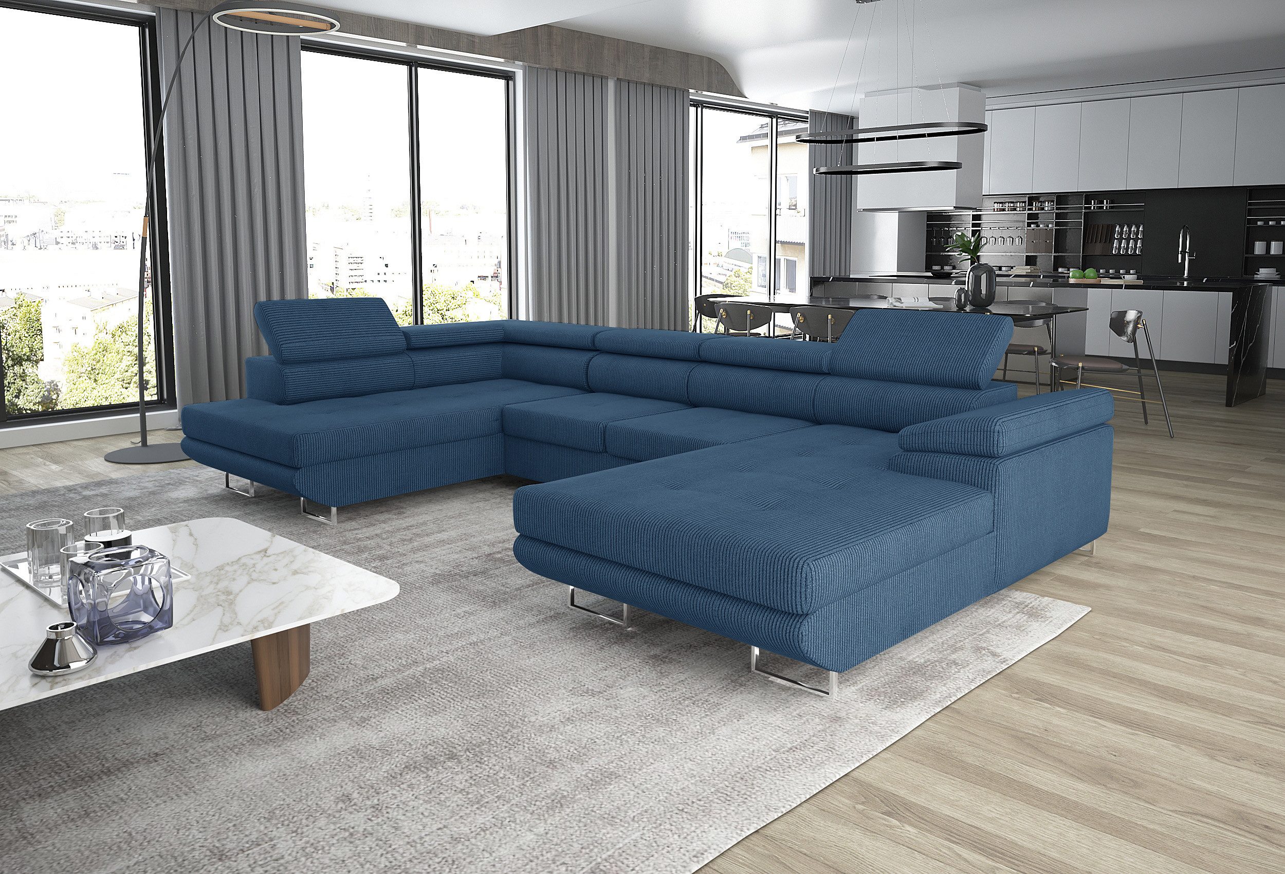 thematys Ecksofa GRENADA in Samt Monolith oder Cord Poso Stoff 355 x 162 cm, U-Form 3 Teile XL-Wohnlandschaft mit Schlaffunktion und Bettkasten