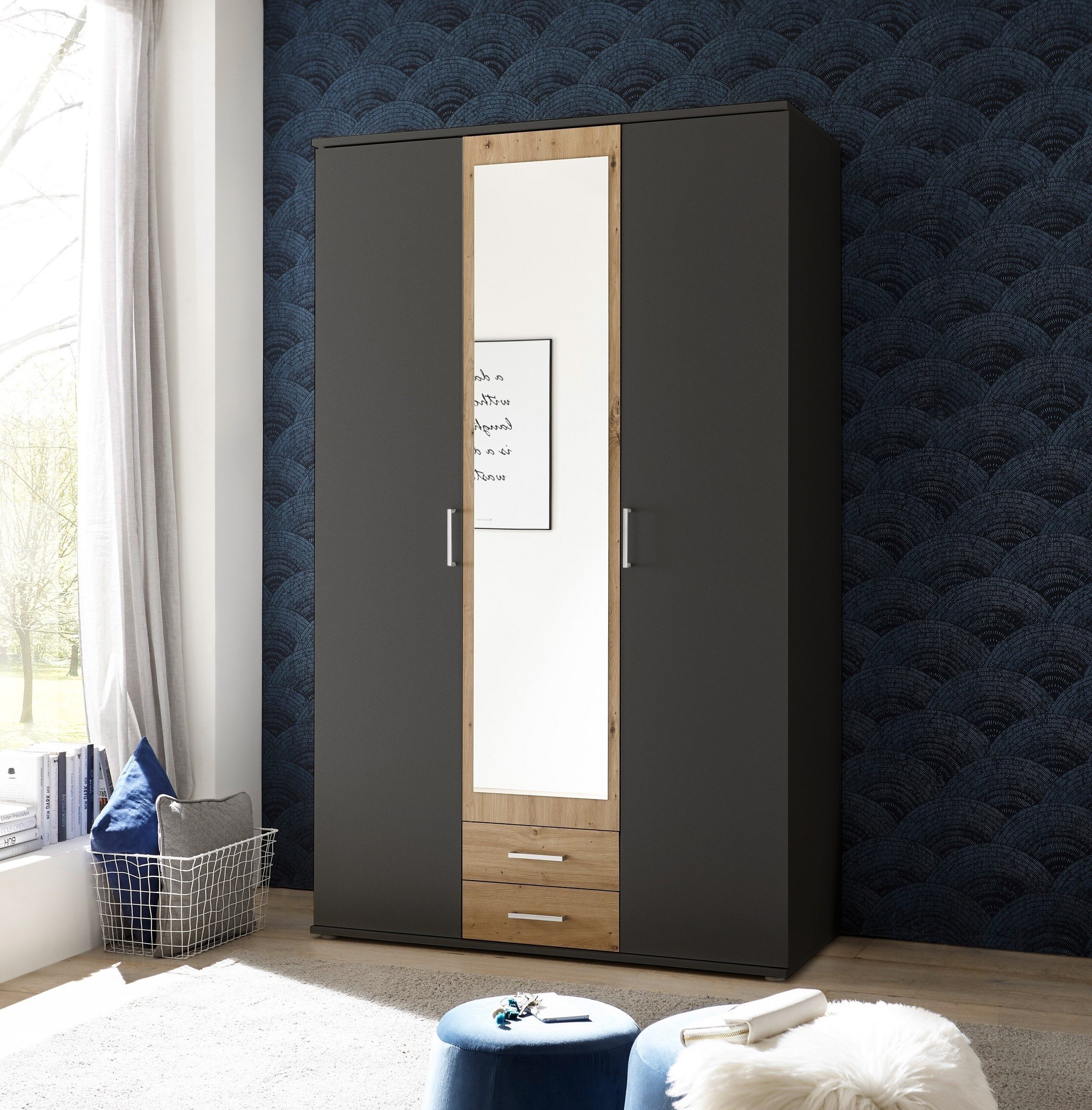 Pol-Power Kleiderschrank in Graphit / Artisan Eiche mit 2 Schubladen und 3 Türen (BxHxT: 120x196x54 cm)