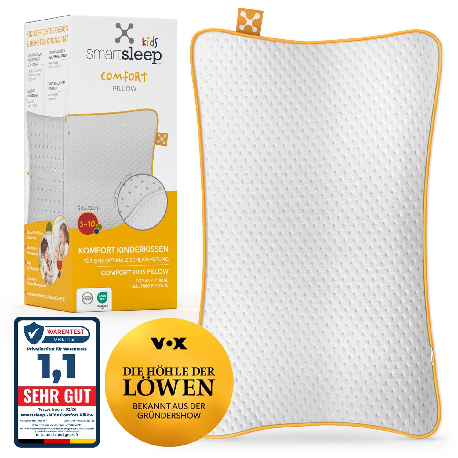 smartsleep Kopfkissen Kinderkissen, Nackenstützkissen, Ergonomisches Kids Comfort Pillow, Füllung: Memory-Schaum, Seitenschläfer, Rückenschläfer, Bauchschläfer, Einzelkissen, Kissen mit Luftkanälen, formstabil für Kinder