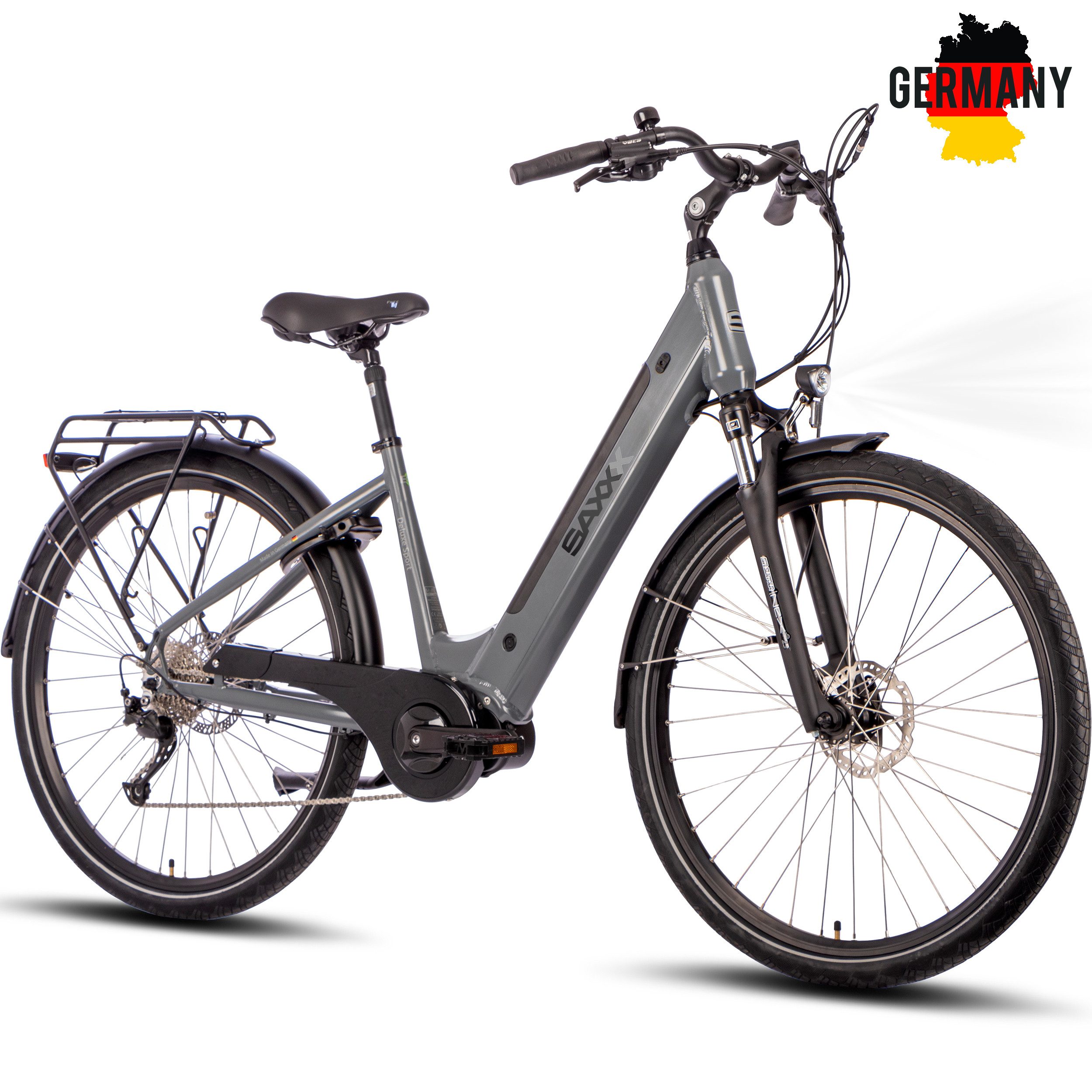 SAXXX E-Bike Trekkingrad Damen u. Herren 28'' SAXXX DSW, 418Wh, 250W Mittelmotor, max. 100km, 9 Gang Shimano Alivio Schaltwerk, Kettenschaltung, Mittelmotor, 418 Wh, (mit Akku-Ladegerät, mit Akku-Schlüssel, mit Rahmenschloss), Federgabel, Gepäckträger, hydraulische Scheibenbremsen, E-Trekkingrad