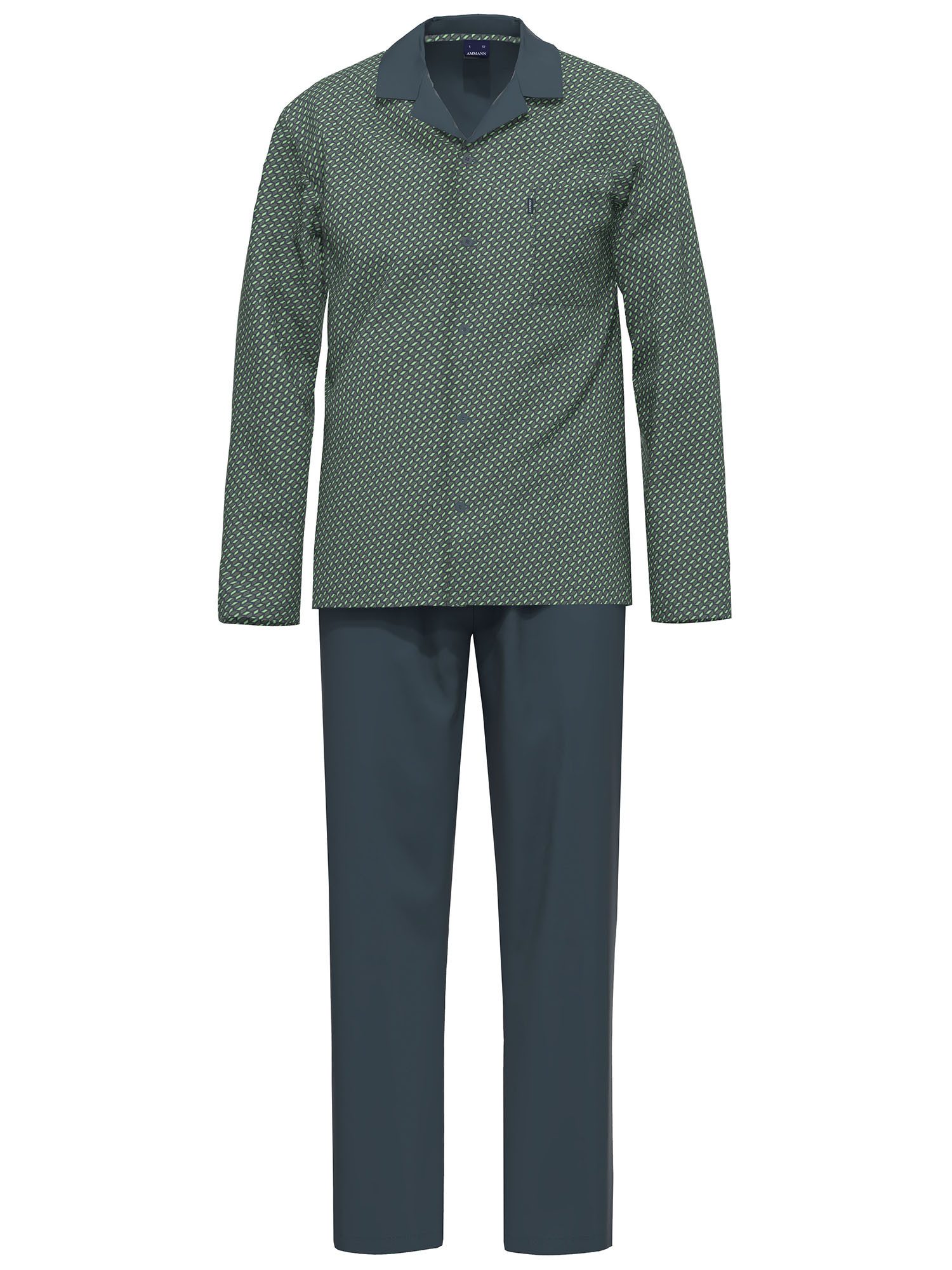 Ammann Pyjama Schlafanzug Lang Nightwear (Packung, 1 tlg) reine Baumwolle, Allover-Print mit Uni, Hemdkragen, durchgeknöpft