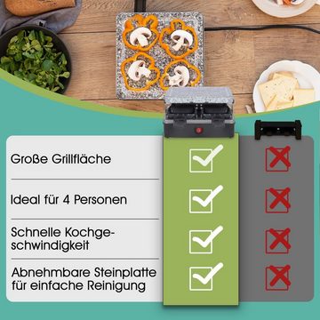 bmf-versand Raclette Raclette 4 Personen Tischgrill Elektrogrill Heißer Stein, 4 Raclettepfännchen, 600,00 W, Naturgrillstein, antihaftbeschichtete Pfännchen