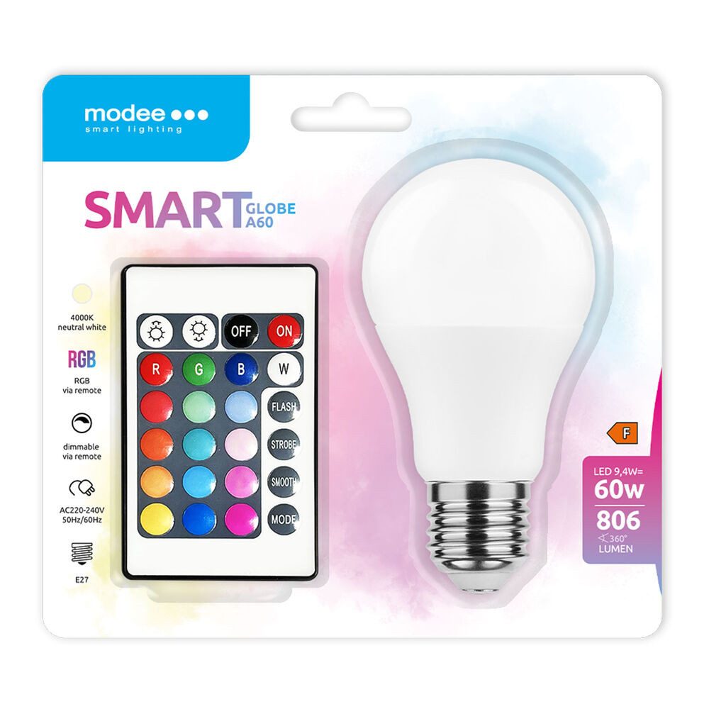 Modee Smart Lighting LED-Leuchtmittel E27 9,4W RGB+W LED Leuchtmittel Leuchte A60 Dimmbar mit Fernbedienung, E27-Fassung, 9,4W, RGB-W 806 lumen