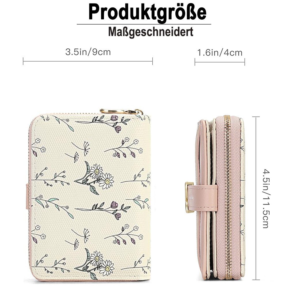 Zaewry Geldbörse Kleine Damen Geldbörse,modisch, niedlicher Margeriten-Aufdruck, Leder, Bifold, kompakt, RFID-geschützt, mit Reißverschlusstasche