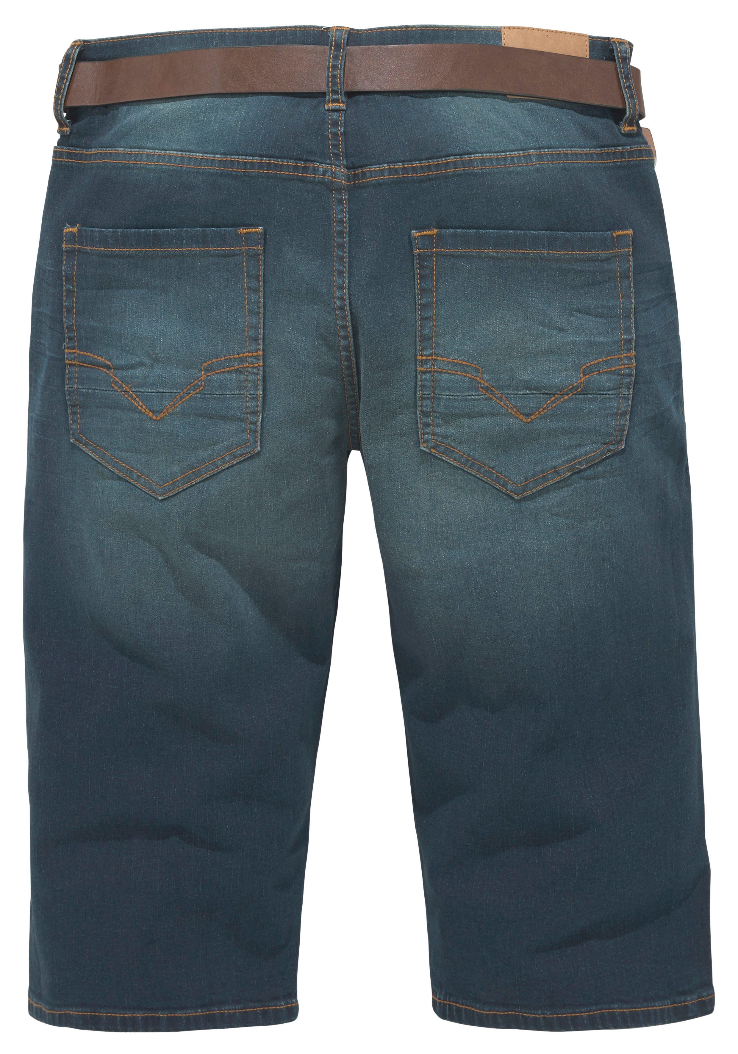 Ökologische, Produktion (Set, Wash Gürtel) 2-tlg., HANTZ durch wassersparende Jeansbermudas Ozon darkblue-washed abnehmbarem H.I.S mit