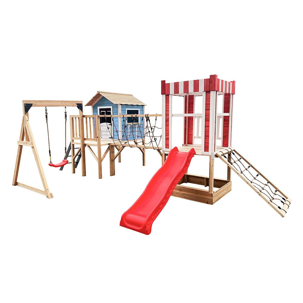 HOME DELUXE Spielturm Spielpark aus Holz WUNDERLAND - Farbauswahl, inkl. Spielhaus, Rutsche, Kletternetz & optional mit Schaukel