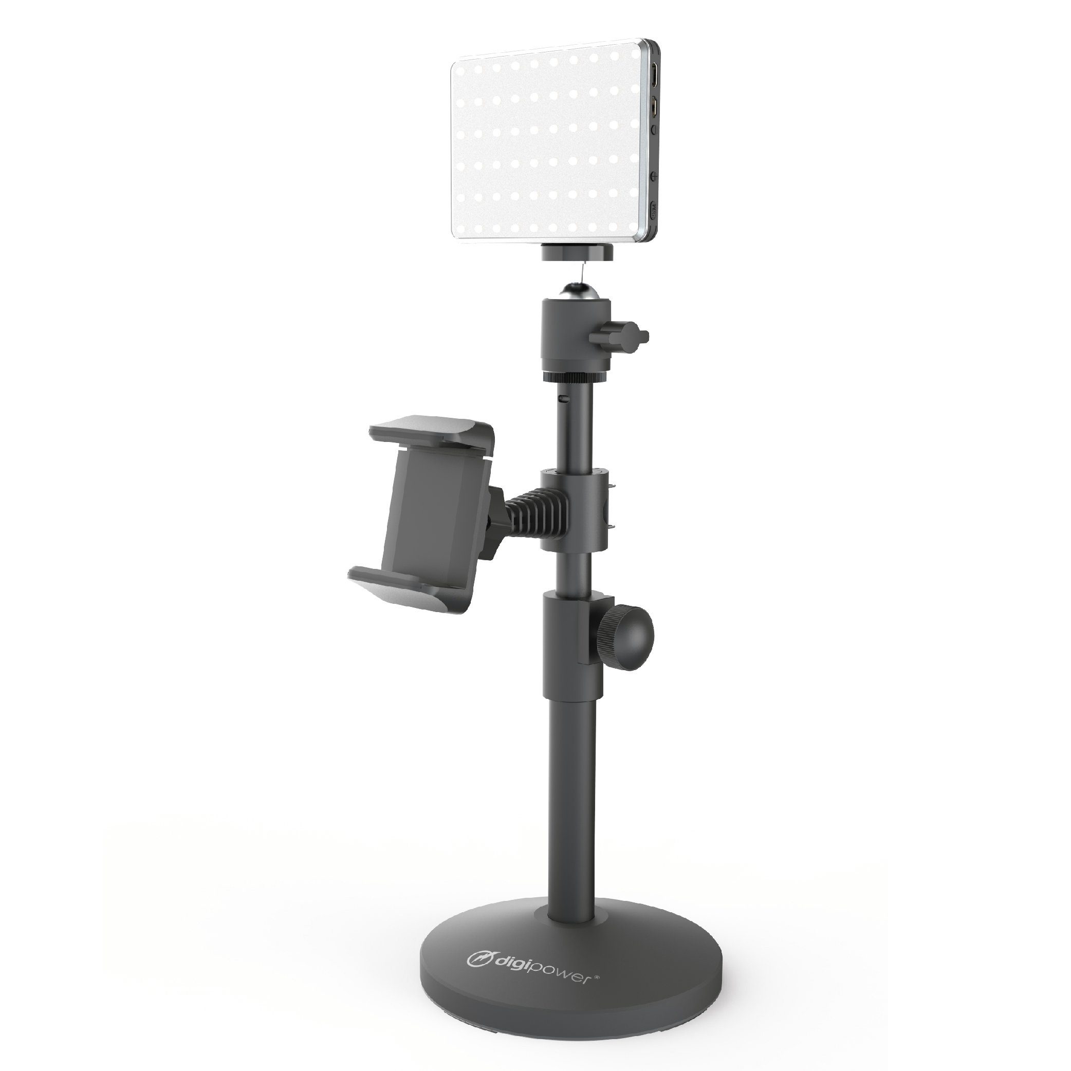 DigiPower Smartphone-Halterung Achiever Smartphone-Ständer, 60 LEDs, höhenverstellbare Tischhalterung, (Handyständer aus Metall für Handys bis zu einer Länge von 8,9cm)