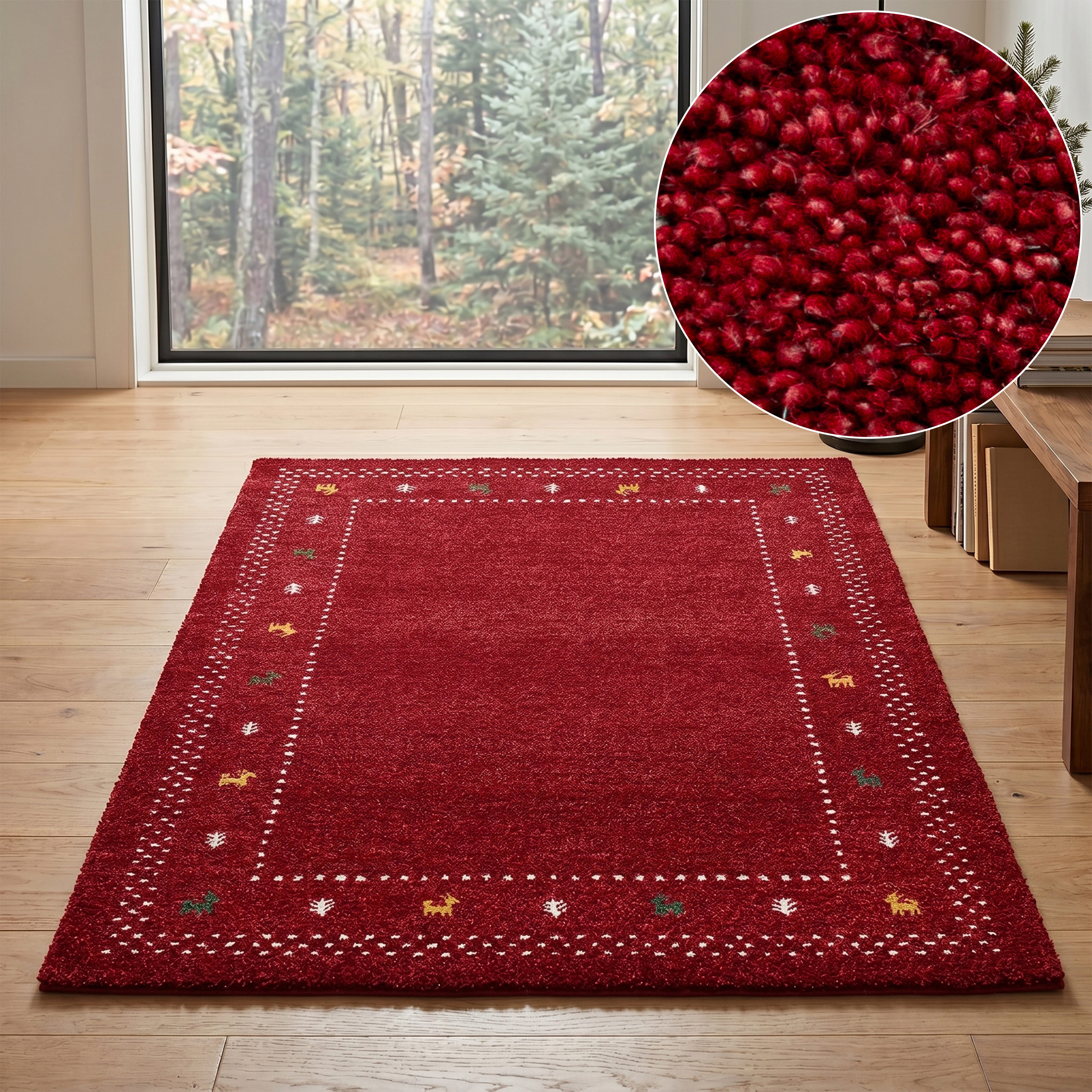 THEKO Wollteppich Gabbeh Bordüre, Handgefertigt, Teppich, Tiermotiv, reine Wolle, rechteckig, Höhe: 14 mm, Wohnzimmer, Schlafzimmer, …
