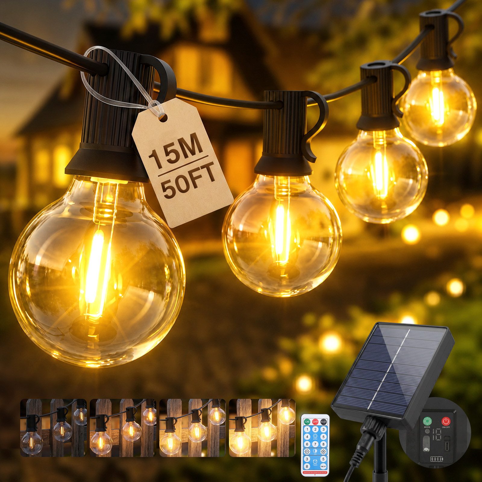 Salcar LED Solarleuchte Lichterkette Outdoor Solar 7-23M Gartenleuchten LED Lichterkette Außen, IP44 8 Modi 15,2m mit 20+1 G40 Glühbirnen Fernbedienung/Dimmbar/Timer